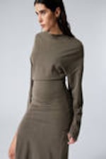 Donker taupe met wassing - Gedrapeerde maxi-jurk met lange mouwen en split - 1
