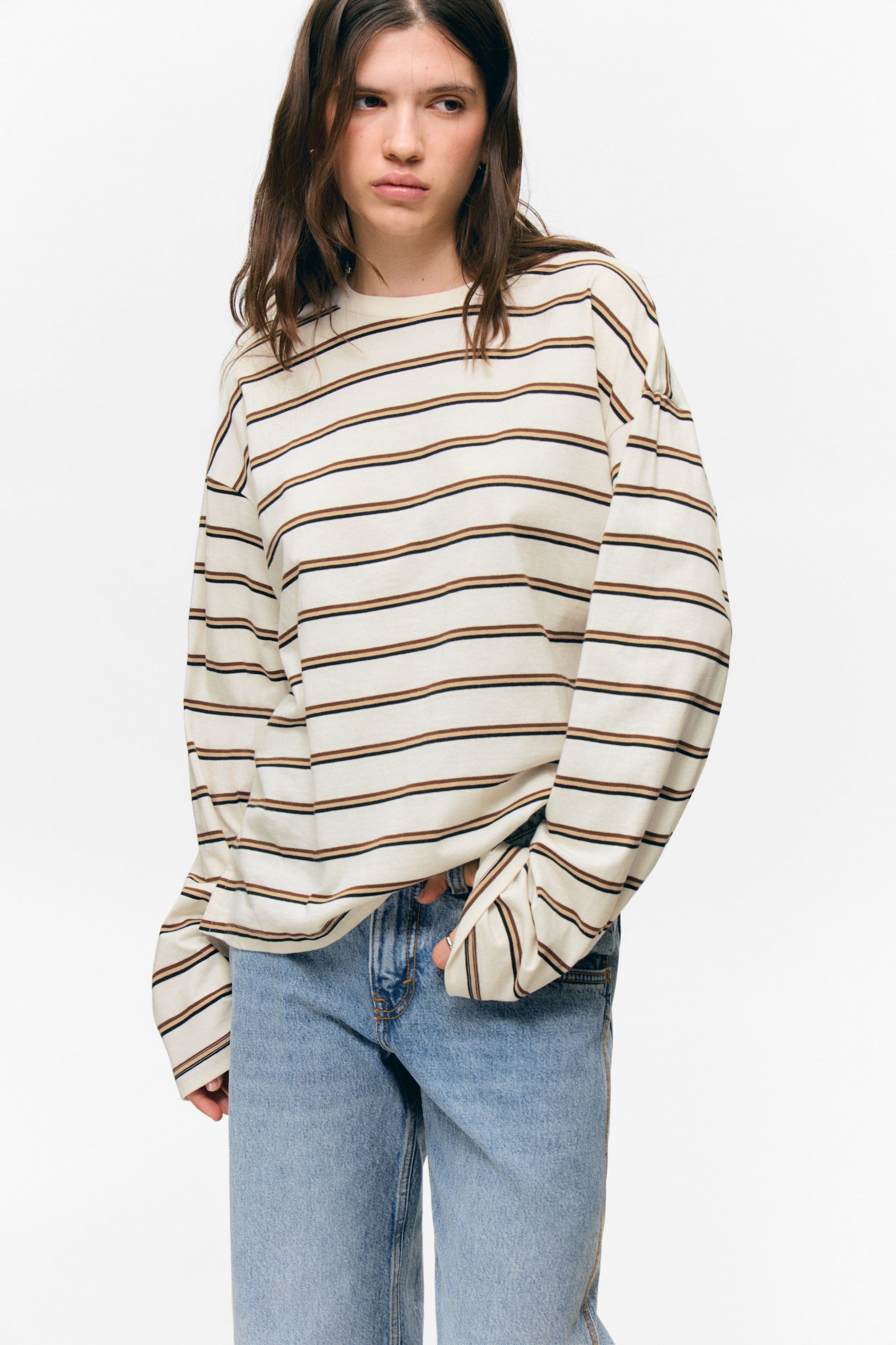 Staubweiß - Braune Streifen - Longsleeve-Shirt aus Baumwolle - 2