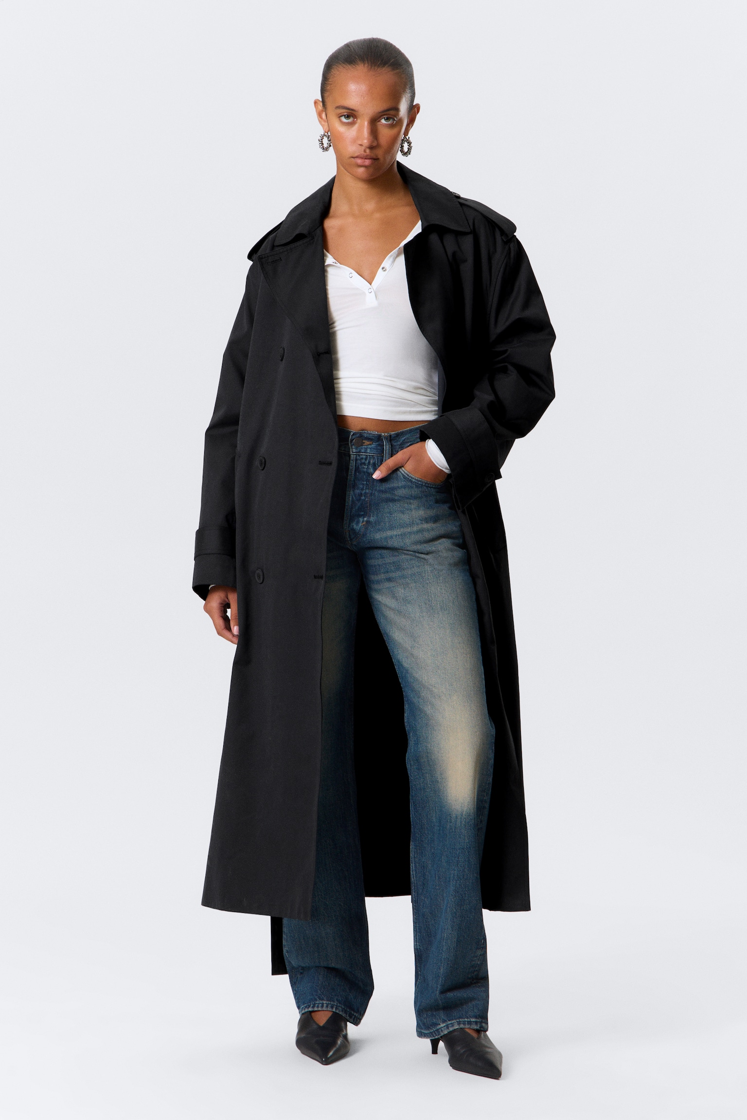 Trench coat oversize de lona de doble botonadura - Negro/Topo oscuro