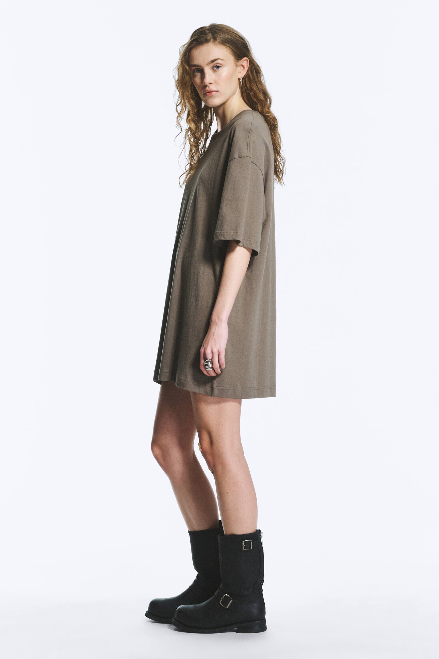 Oversized Cotton T-shirt Dress - Zachtgrijs/Wit - 3