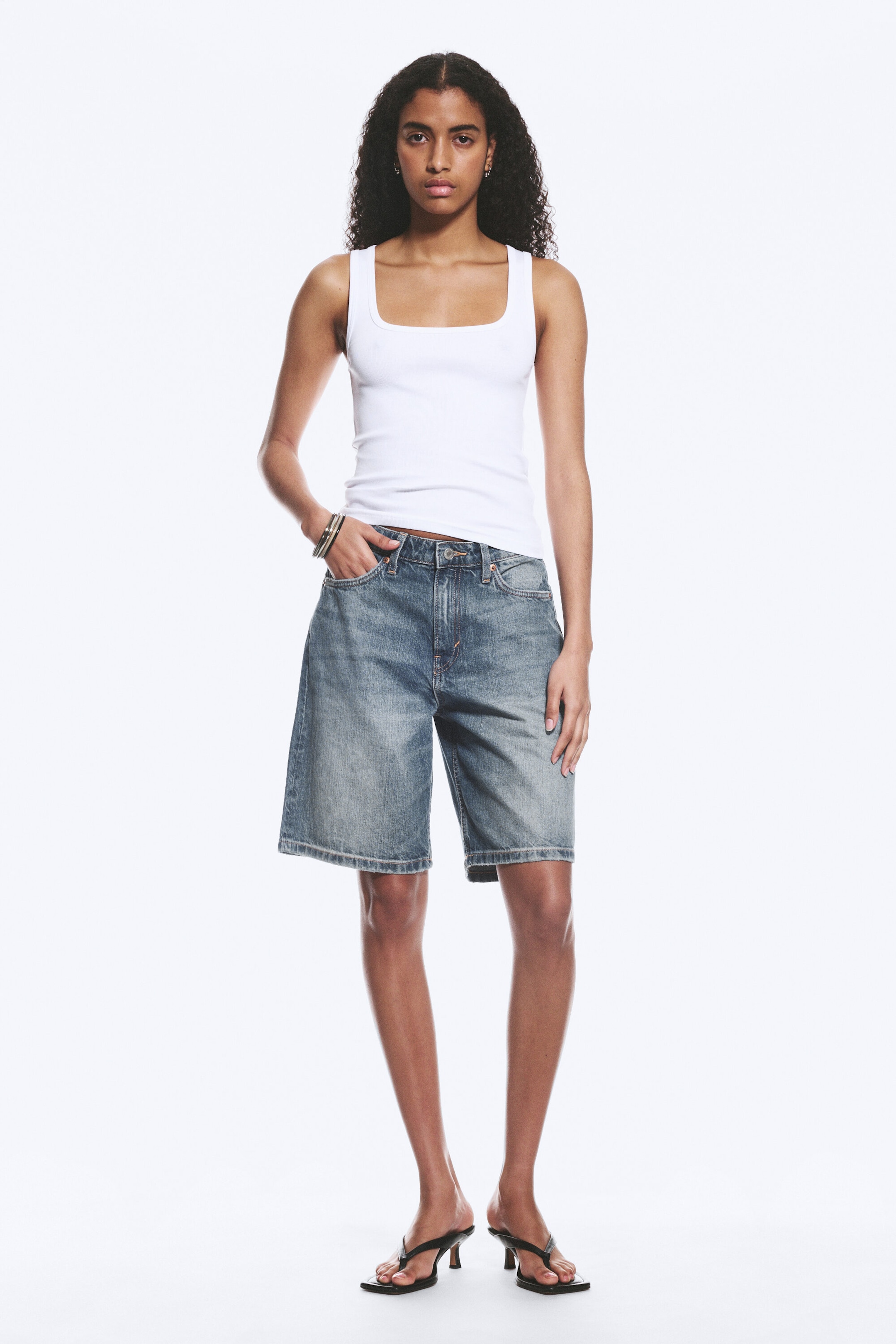 White - Slim Square Neck Ribbed Tank Top - 2