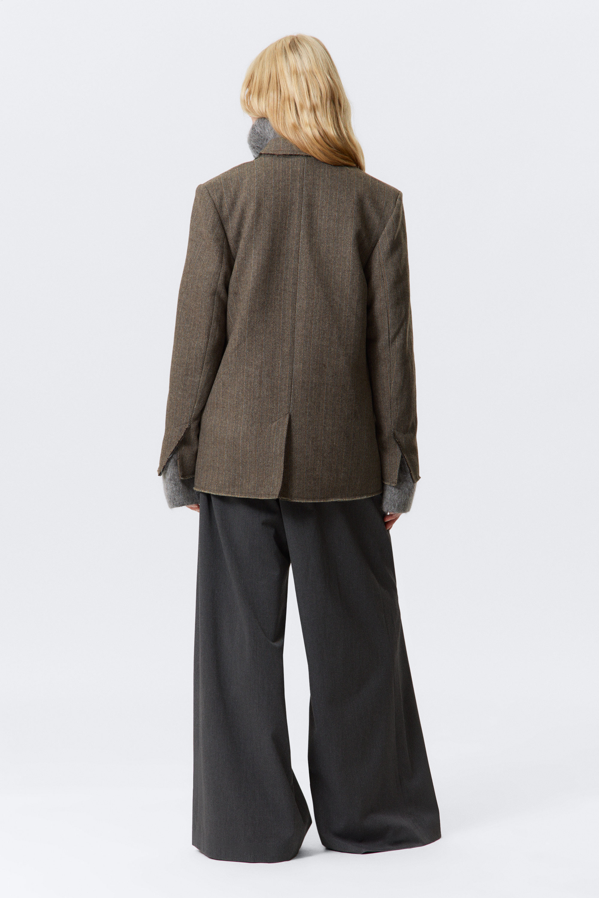 Dark Mole Herringbone - Loose Fit Wool Blend Herringbone Blazer - 4