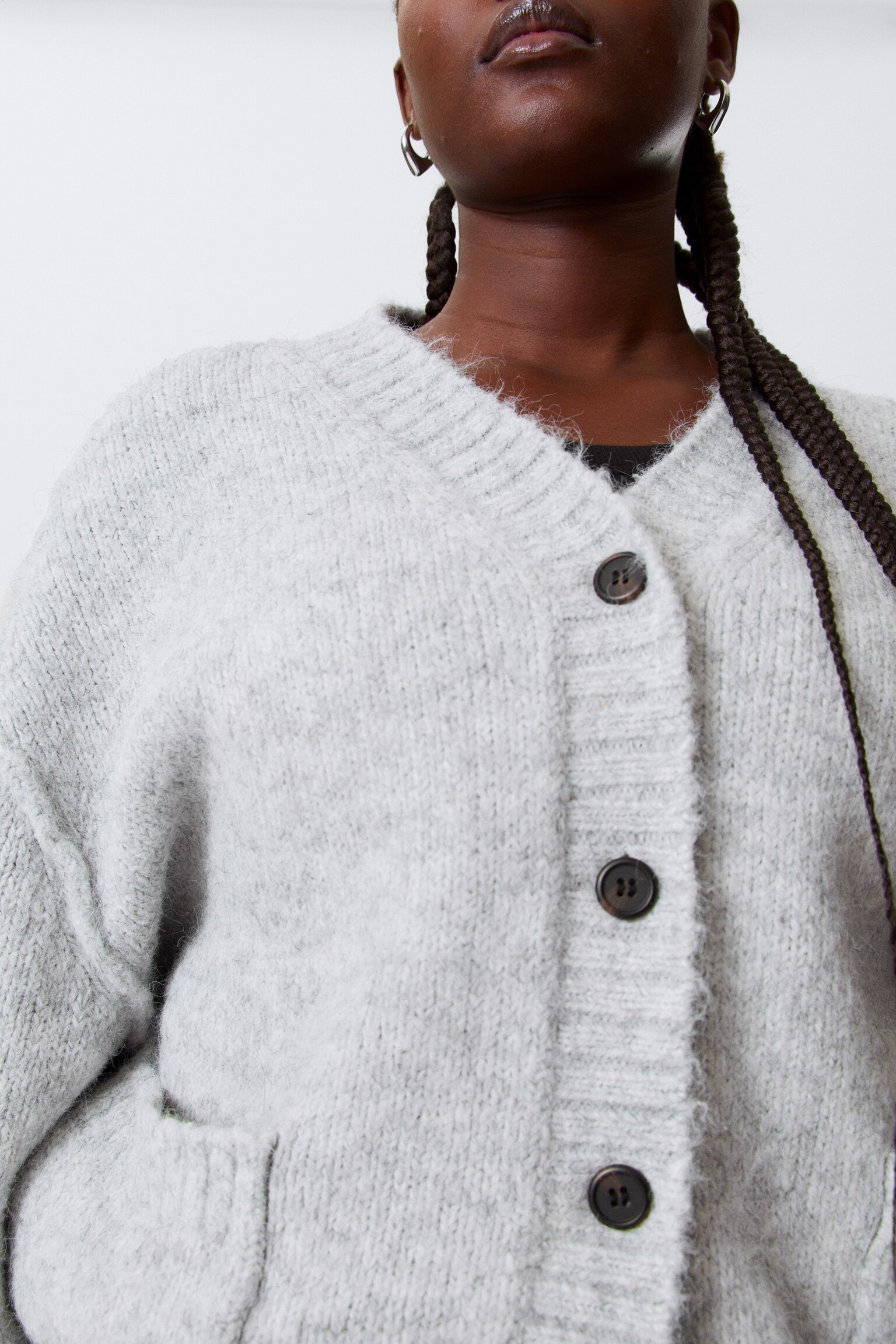 Locker gestrickter Cardigan mit V-Ausschnitt - Grau meliert/Dunkelbraun meliert/Dunkelblau - 3