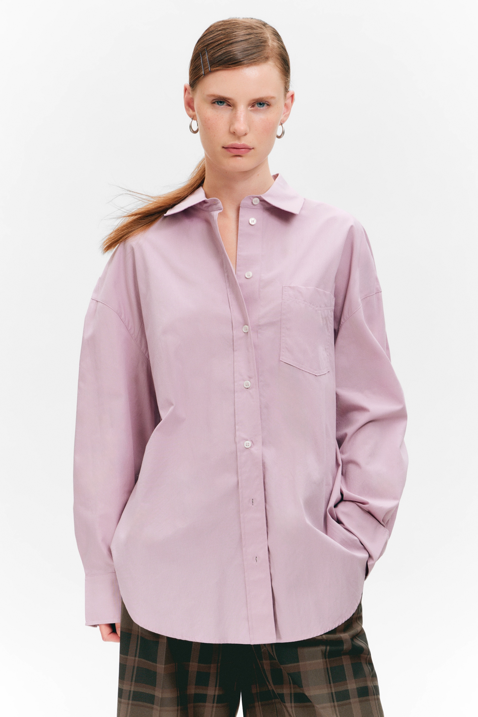 Oversized katoenen overhemd met lange mouwen - Oudroze/Donkergrijs geruit/Bordeauxrood en geel gestreept - 4
