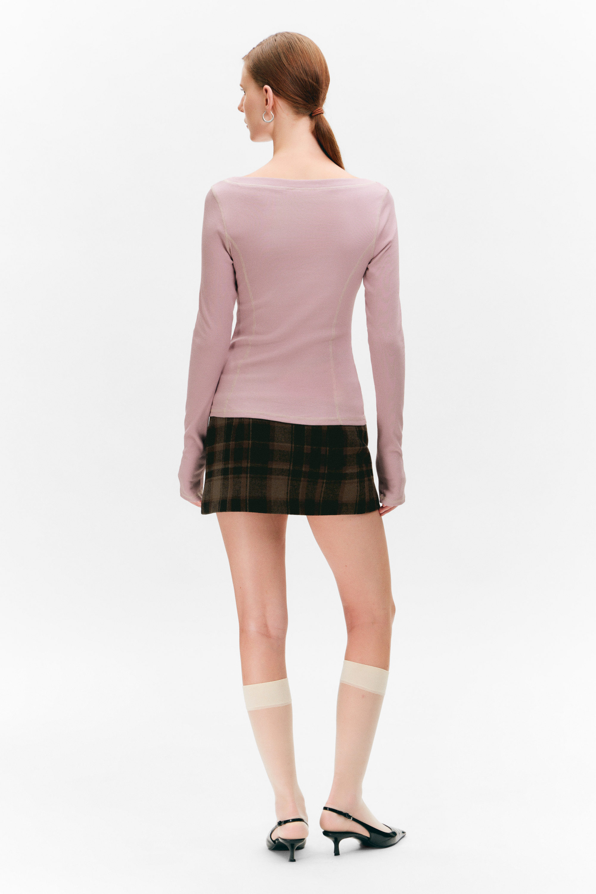 Dusty Pink - Long-Sleeved Wide Neck Top - 2