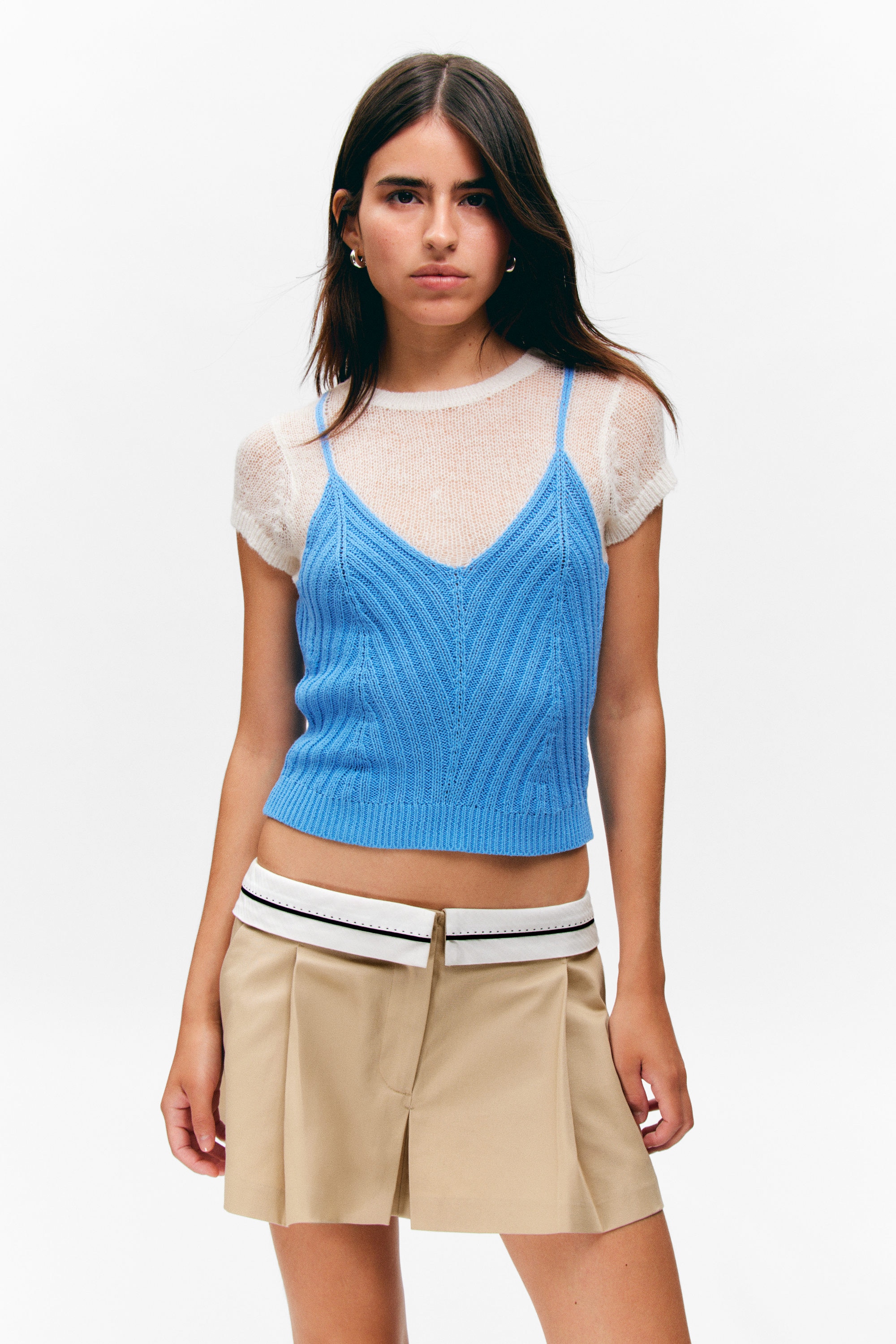 White & Blue - Short-Sleeved Knitted Layered Top - 1