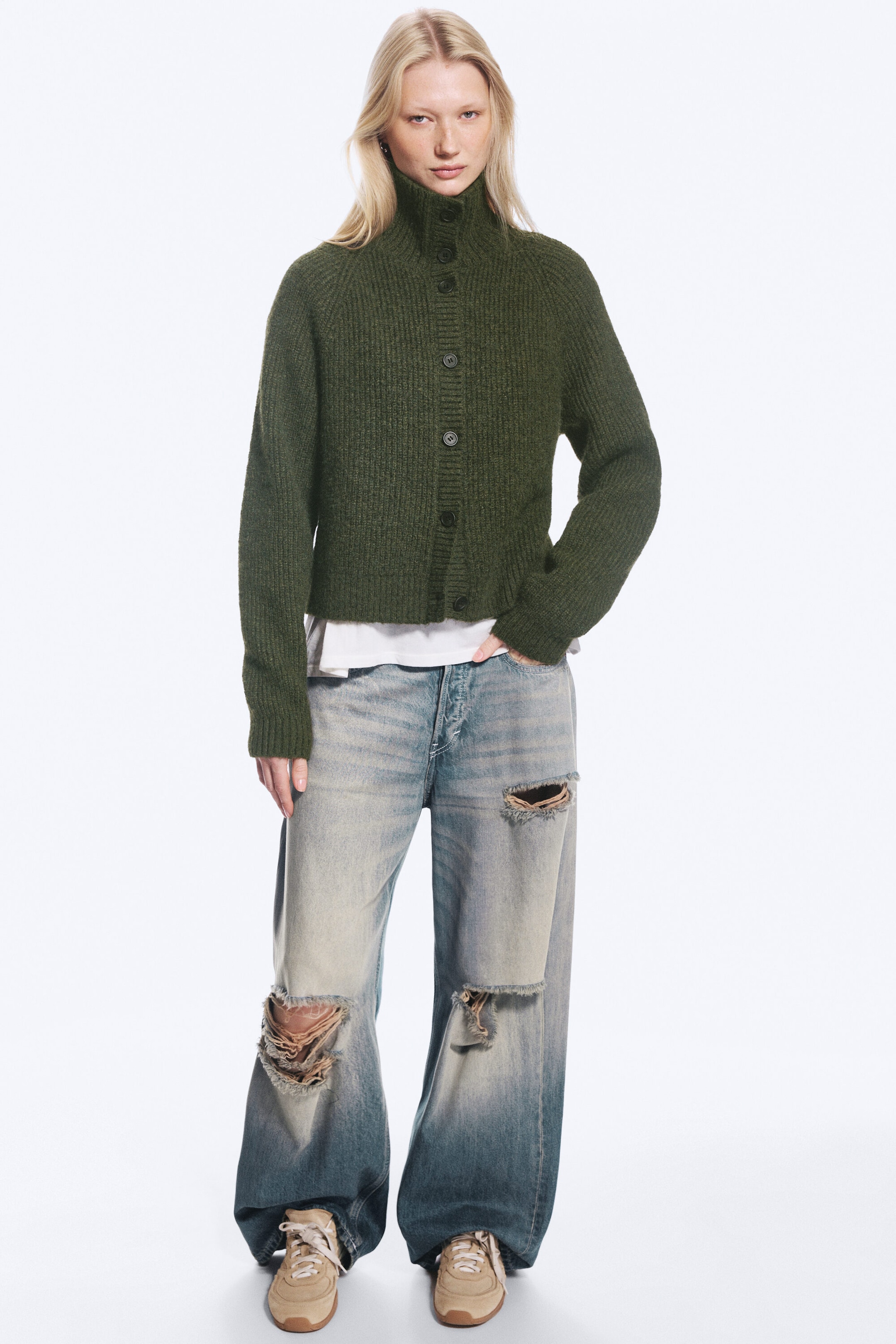 Dark Khaki Green Melange - Buttoned cardigan - 2