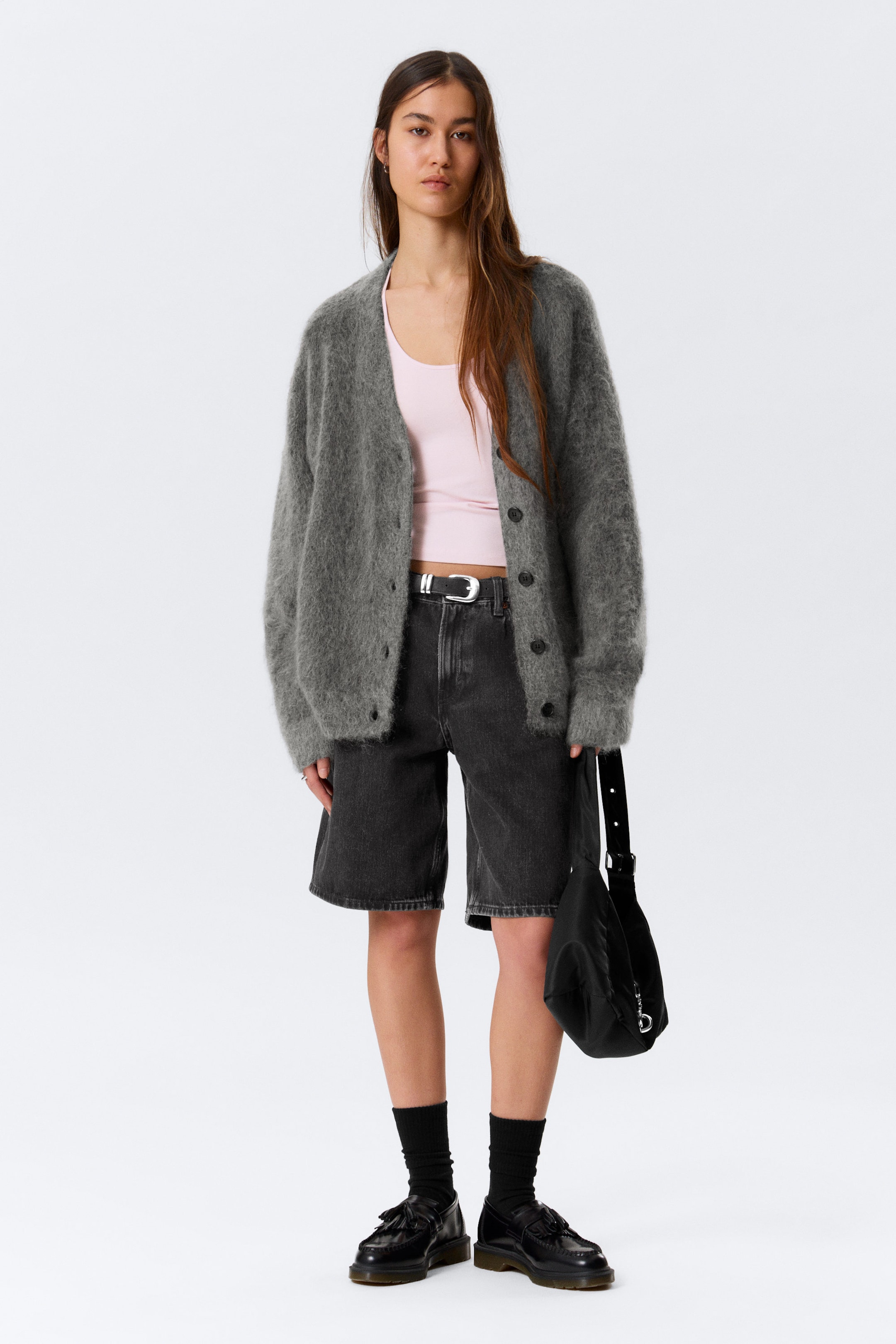 Dark Grey - Loose Fit Mohair Blend V-Neck Cardigan - 0