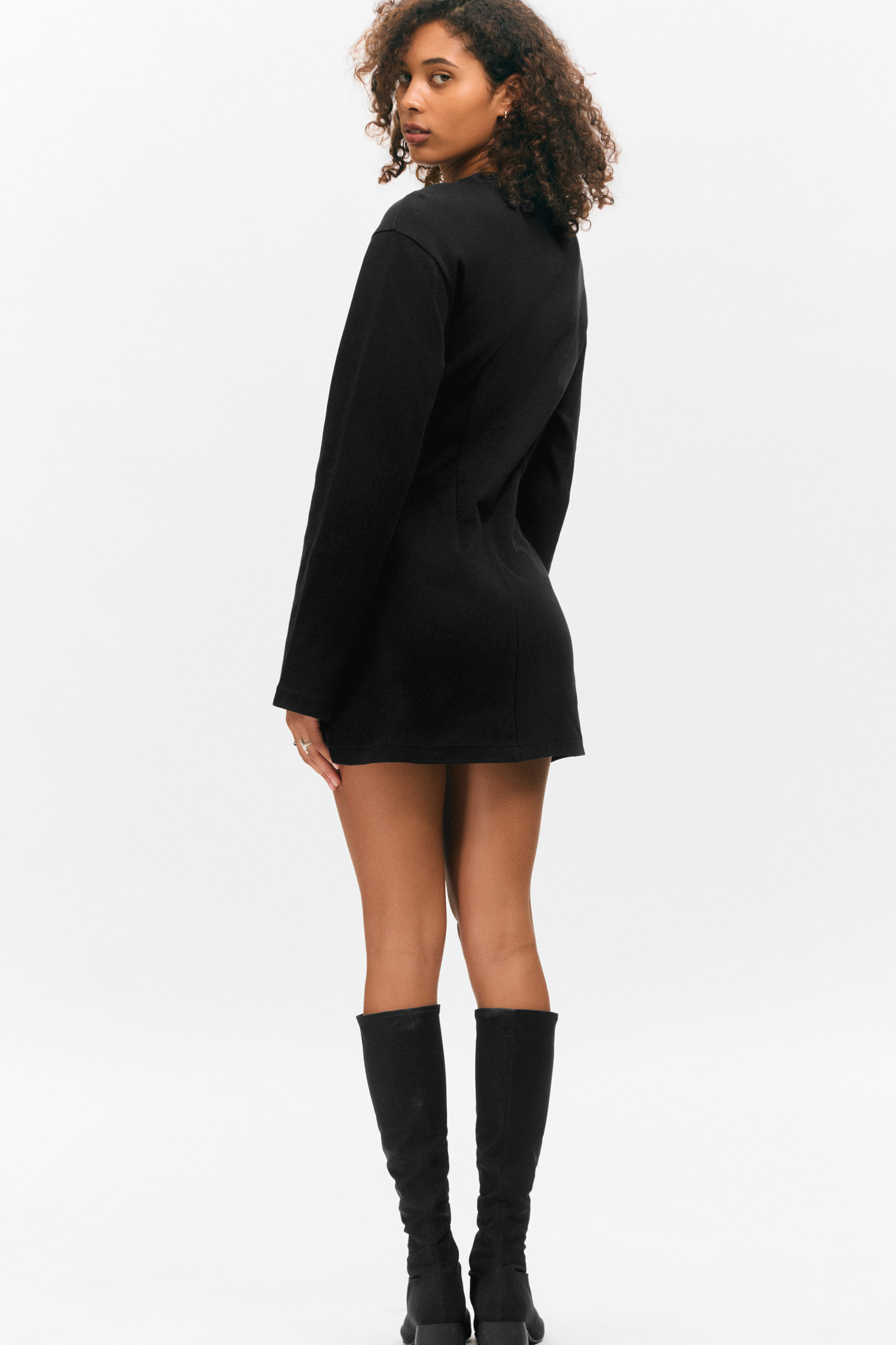 Black - Long-Sleeved Cotton Mini Dress - 2