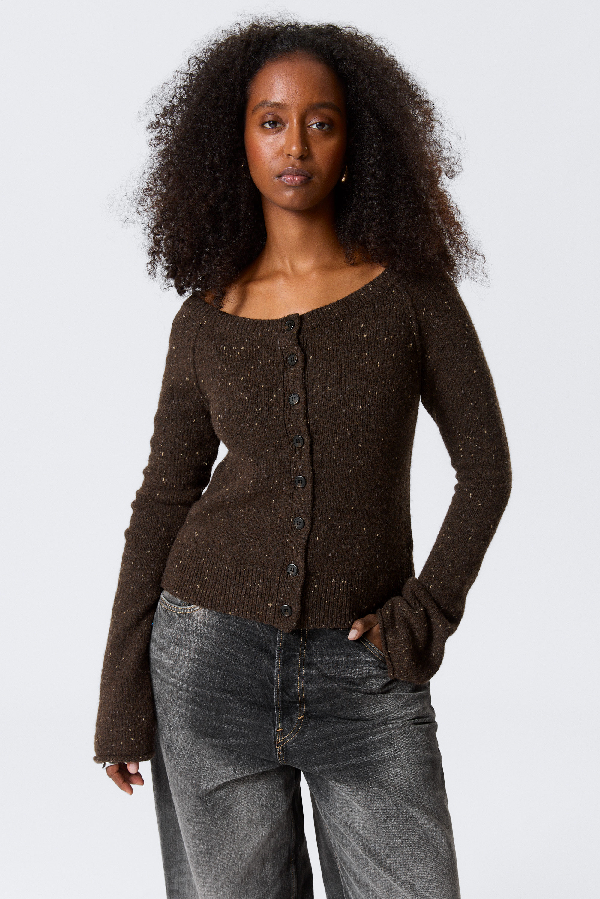 Dunkelbraun meliert - Strick-Cardigan aus Wollmischung mit Knötchen-Struktur - 1