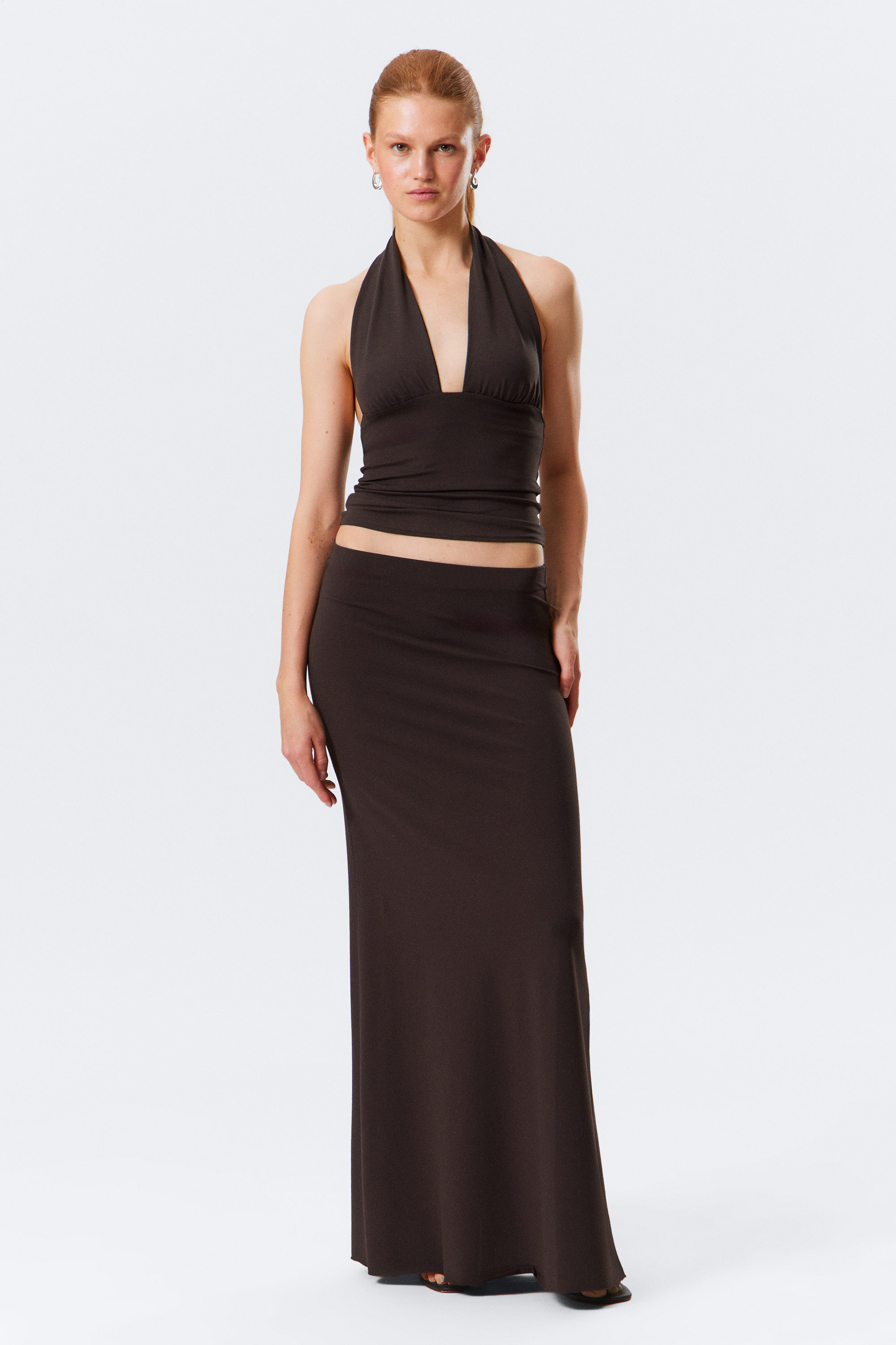 Dark Brown - Mid Rise Slim Fit Maxi Skirt - 1
