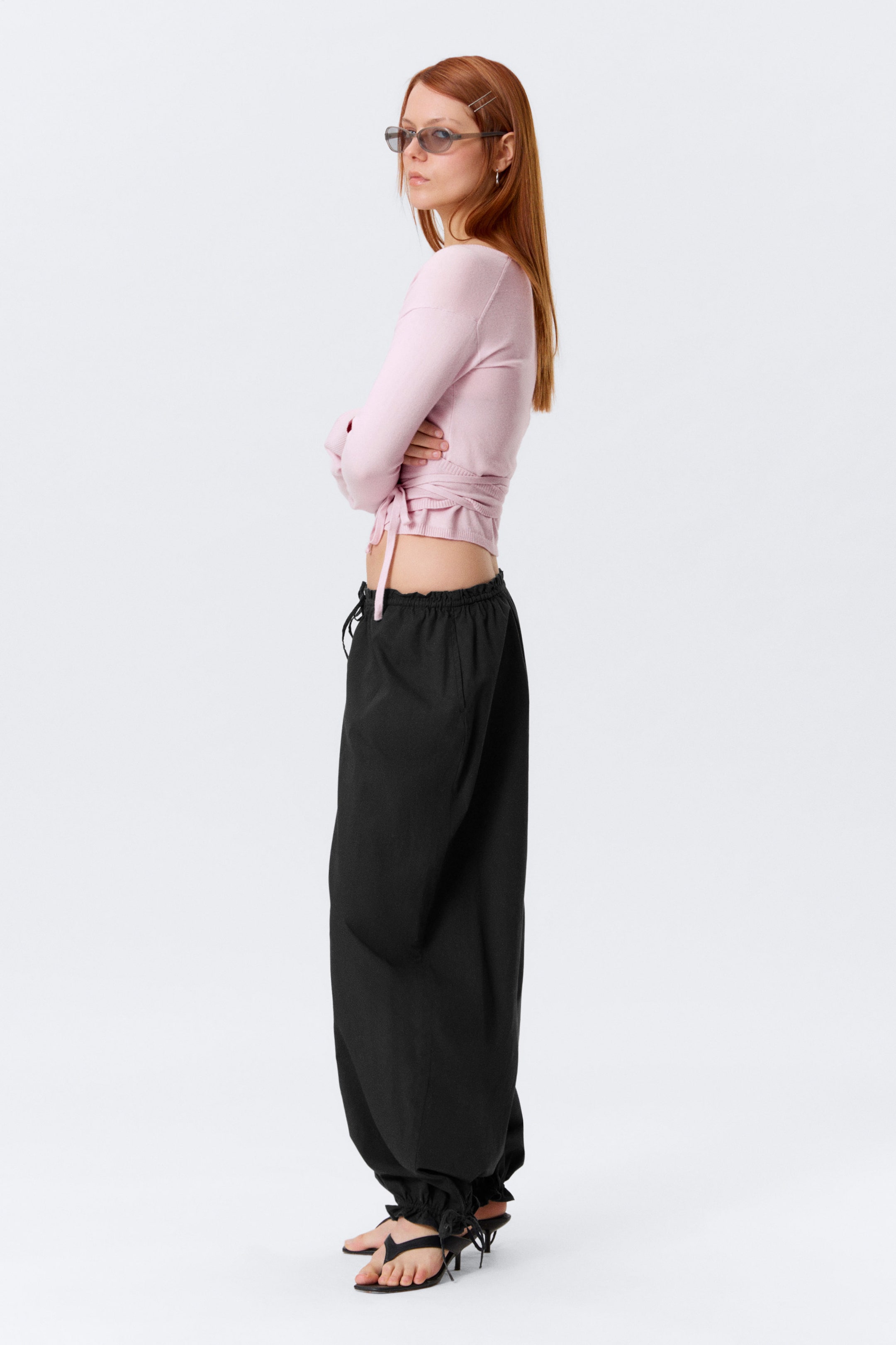 Black - Low Rise Ruched Drawstring Trousers - 2