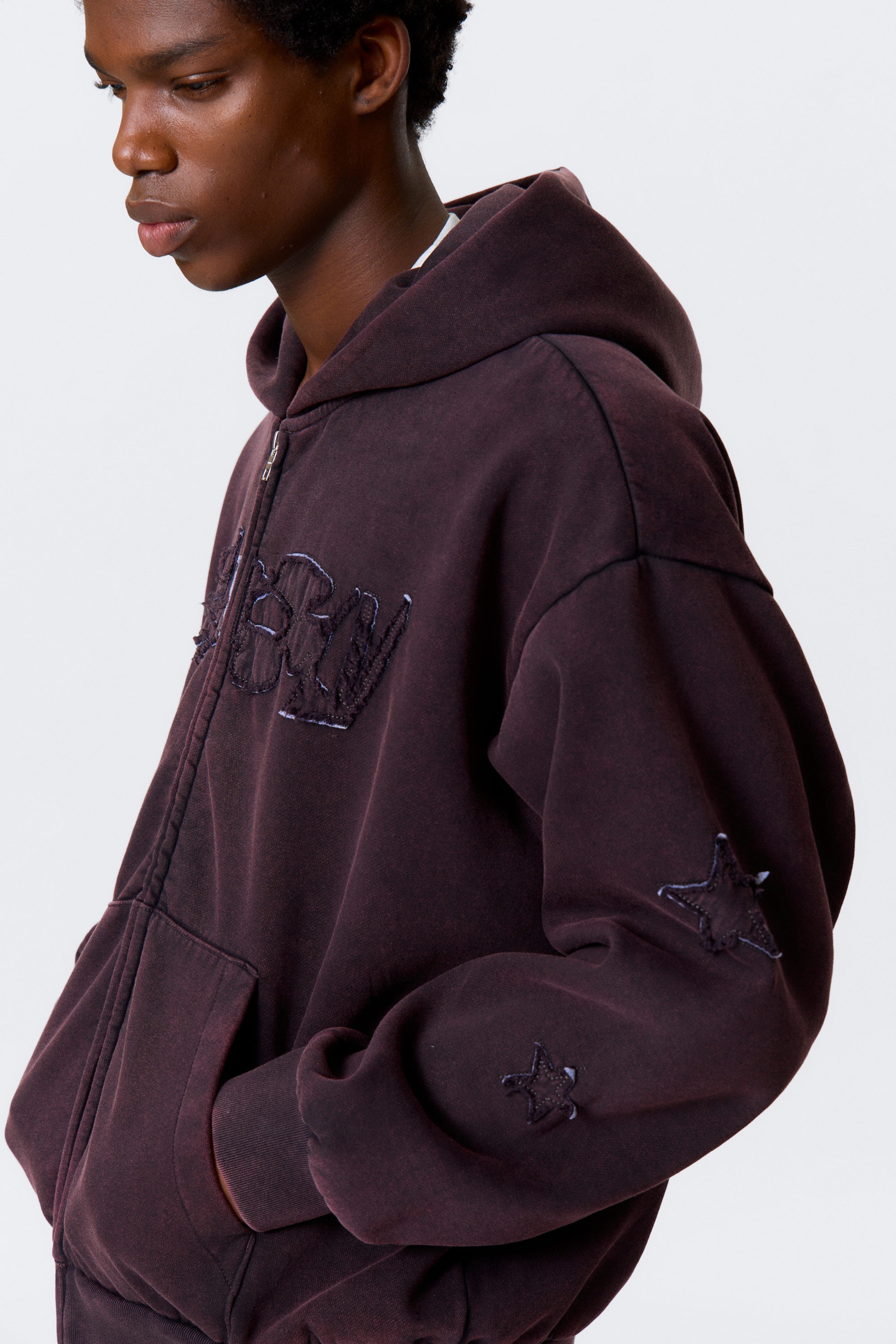 Burgundy - Square Graphic Zip Hoodie - 0