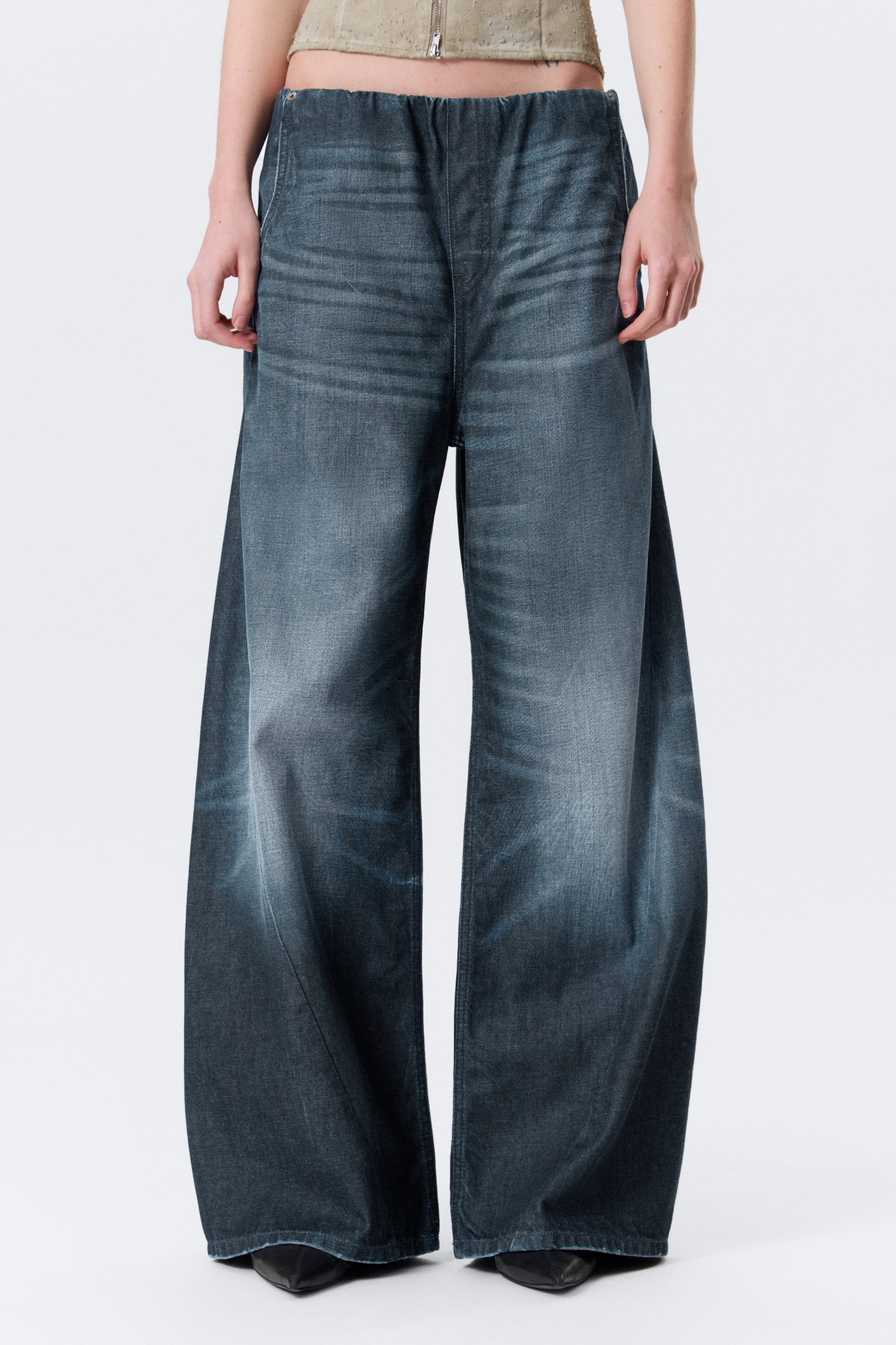 Mid Blue - Dark Blue - Low Rise Loose Fit Denim Joggers - 1