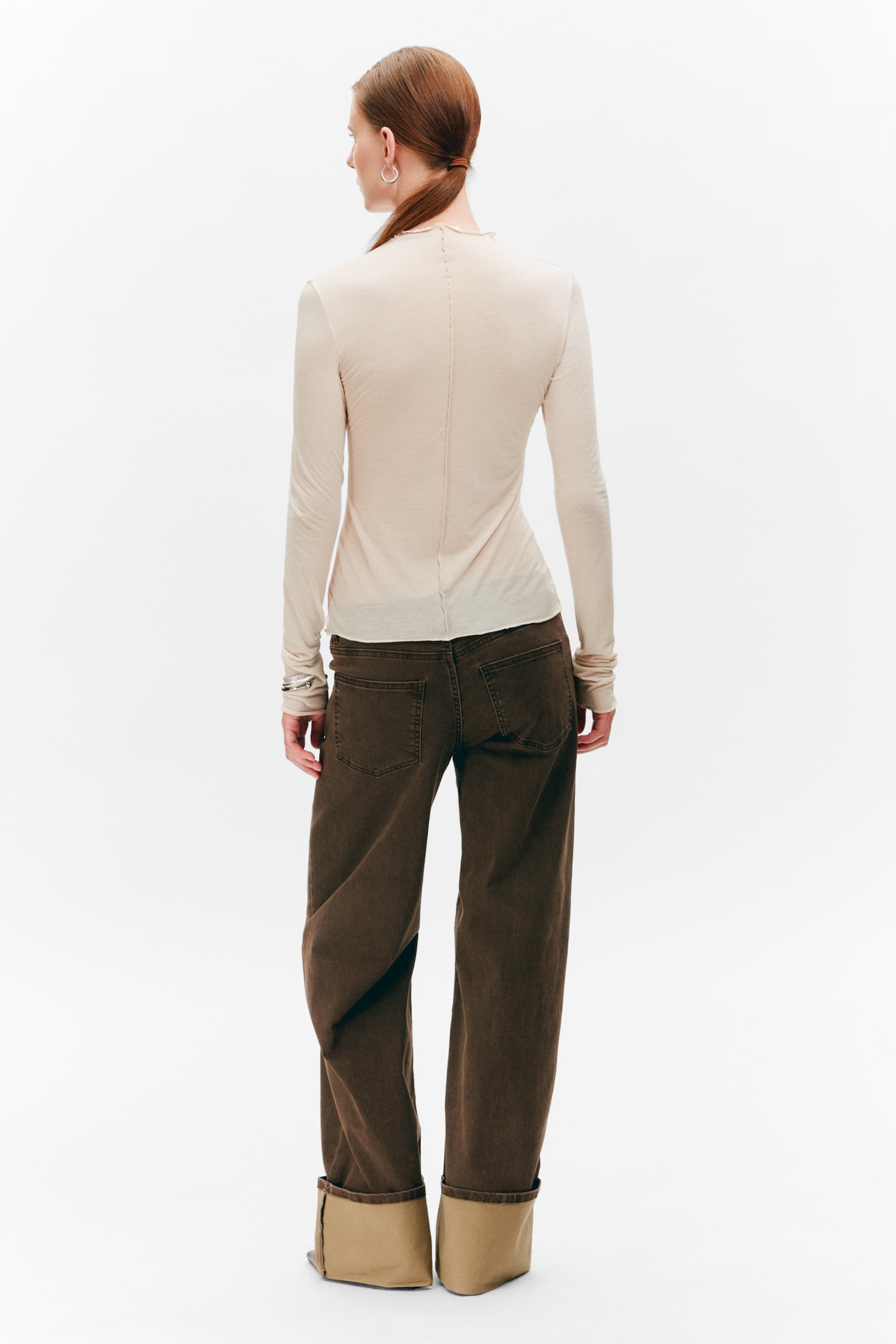 Langarm-Top mit schmaler Passform und Stehkragen - Beige/Türkis/Schwarz - 4