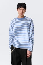 Blue & White Stripe - Loose Boxy Long-Sleeved T-shirt - 1