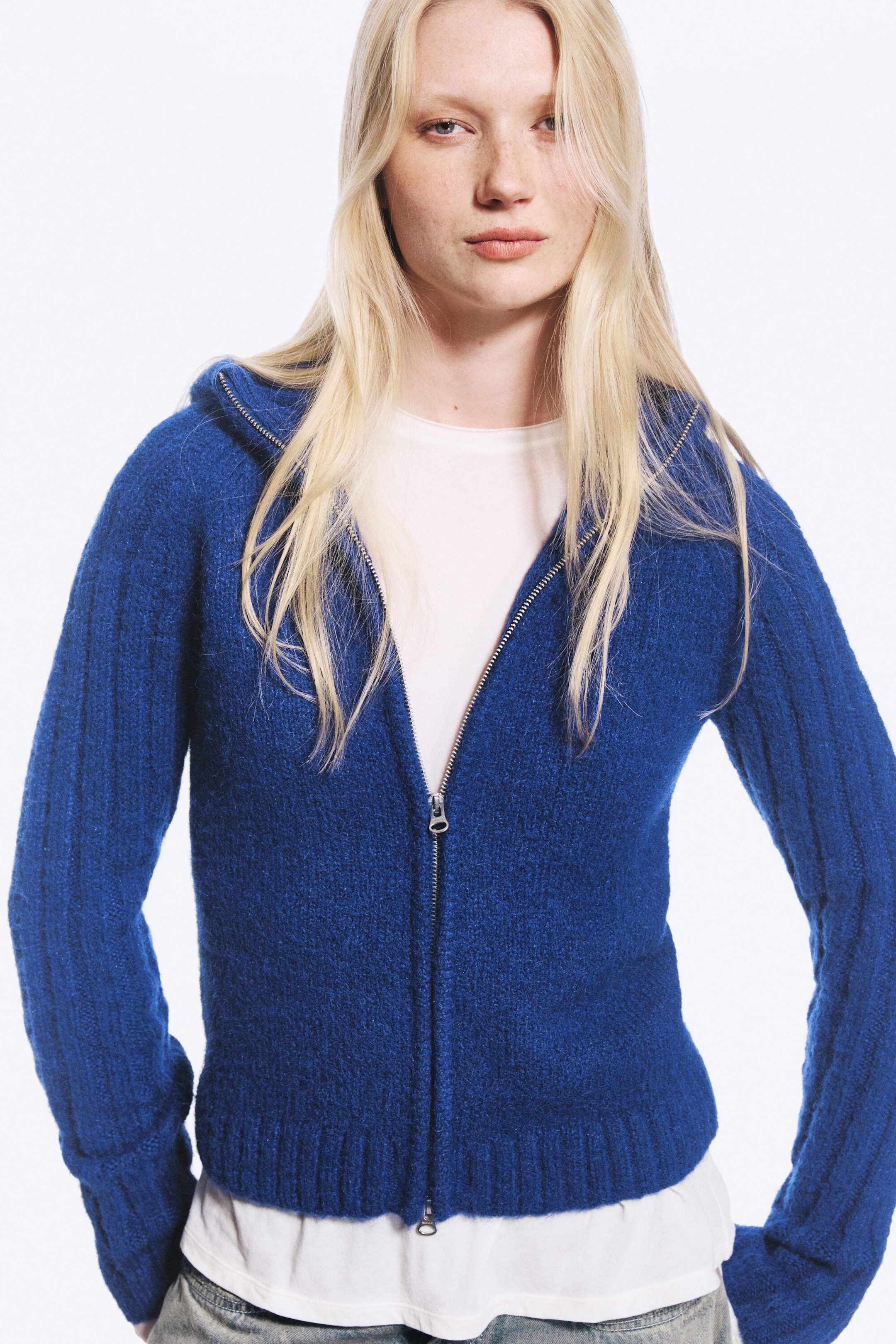 Blau meliert - Gestrickter Zip-Hoodie - 1
