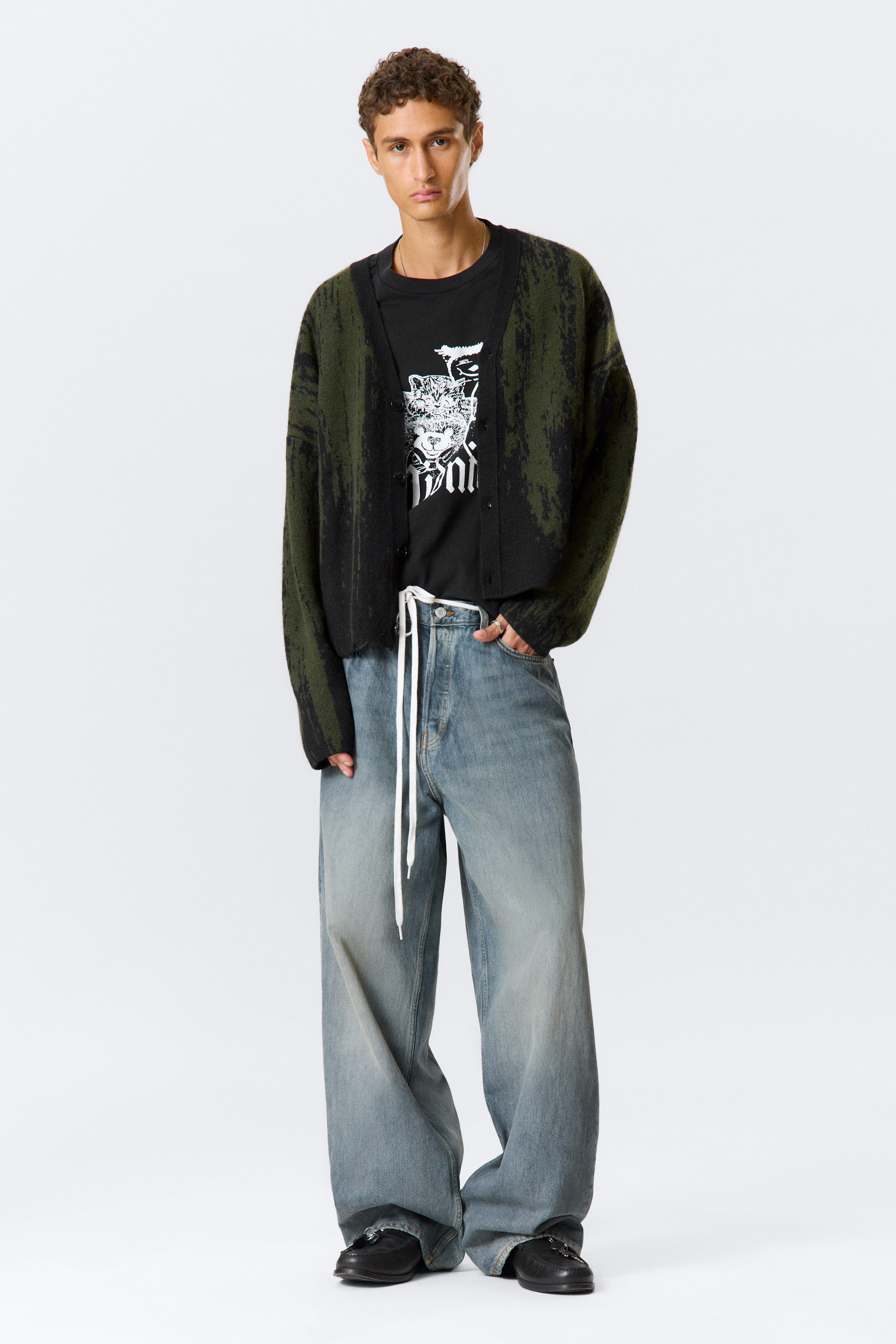 Black/Dark Khaki Green - Boxy Knitted Graphic Cardigan - 2