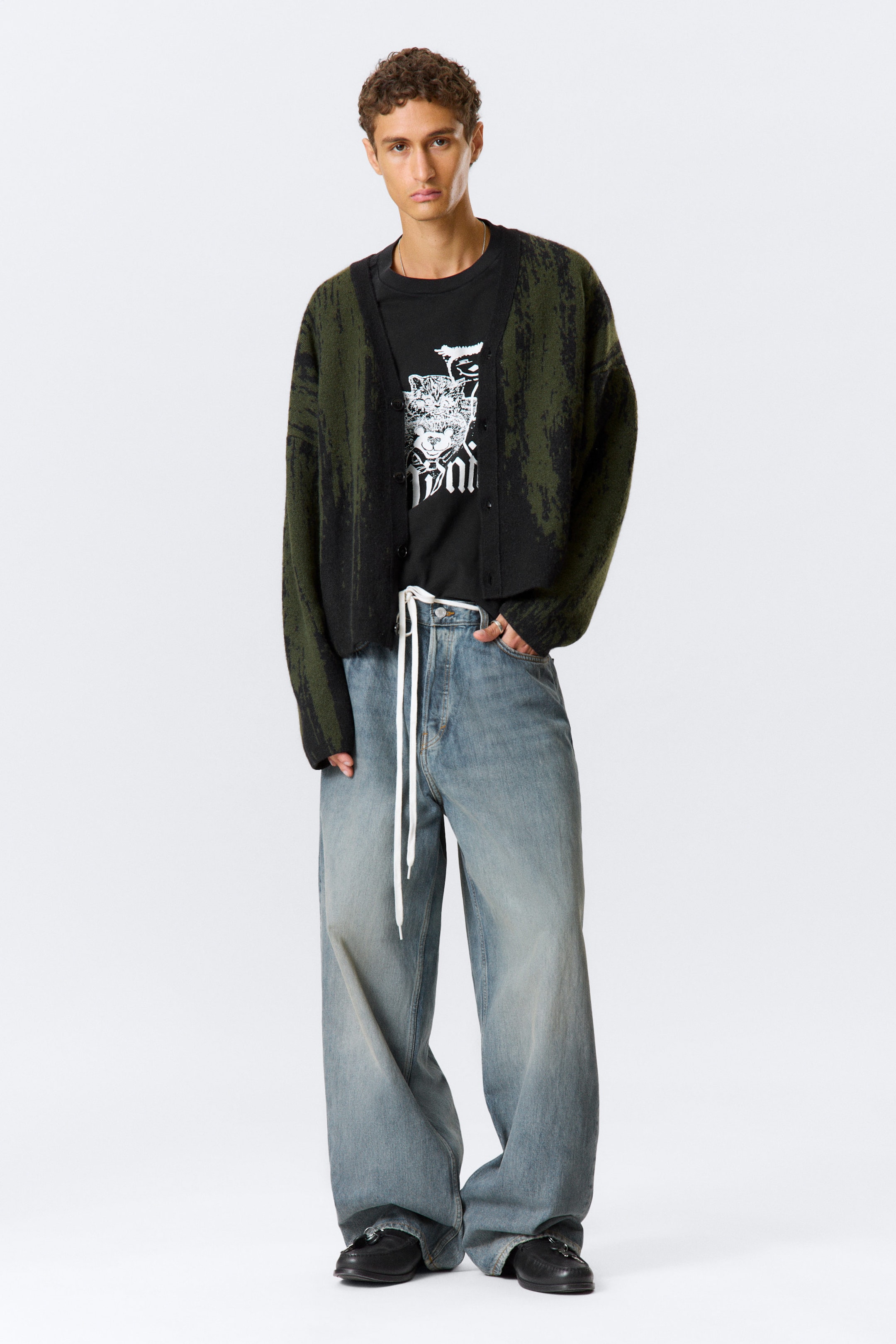 Svart/Mörk Khaki Grön - Avslappnad stickad grafisk cardigan - 2