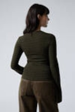 Striped Dark Khaki Green - Long Sleeve Cotton Top - 2