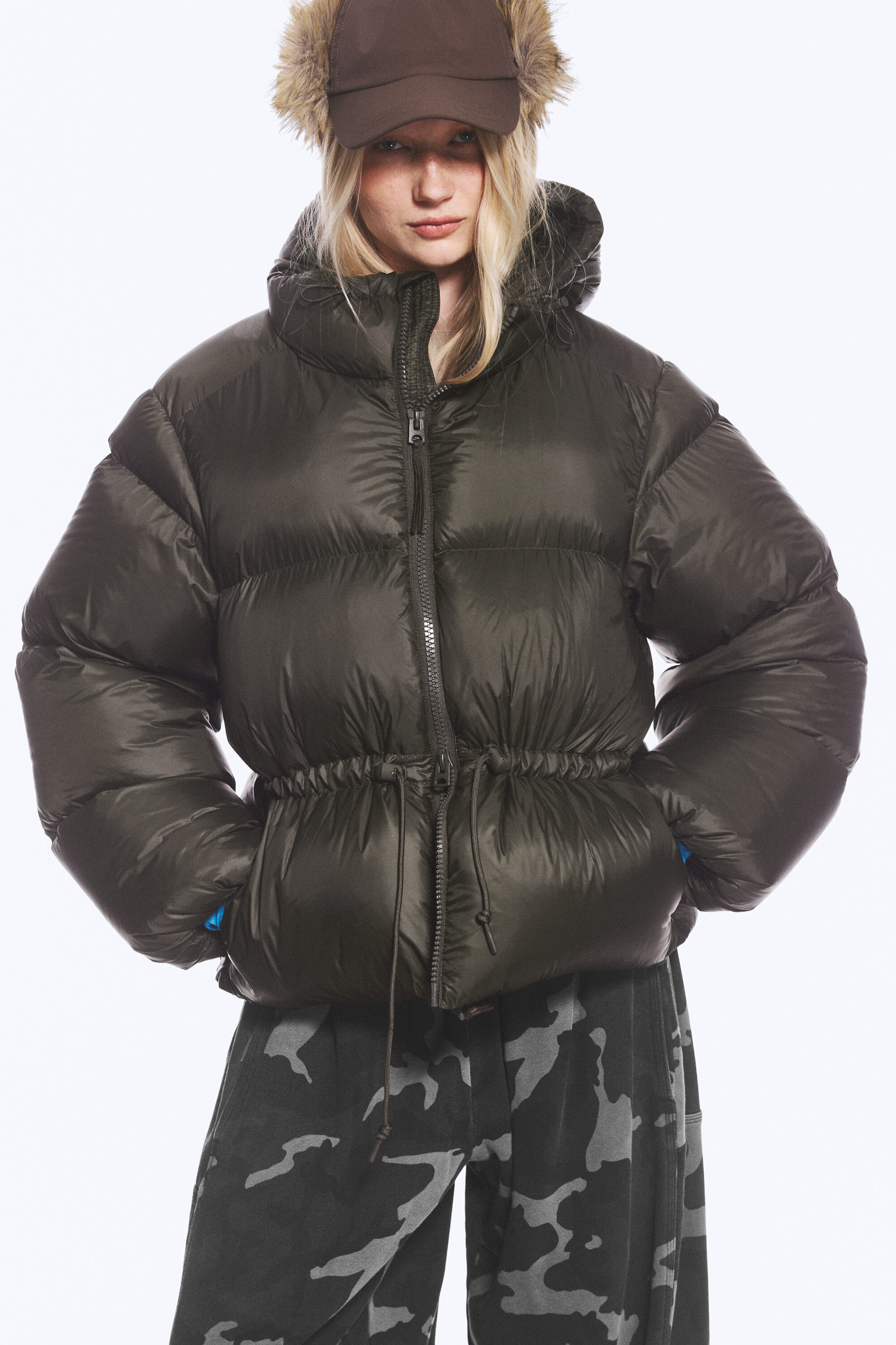 Dark Brown - Oversized Hooded Recycled Down Puffer Jacket - 1