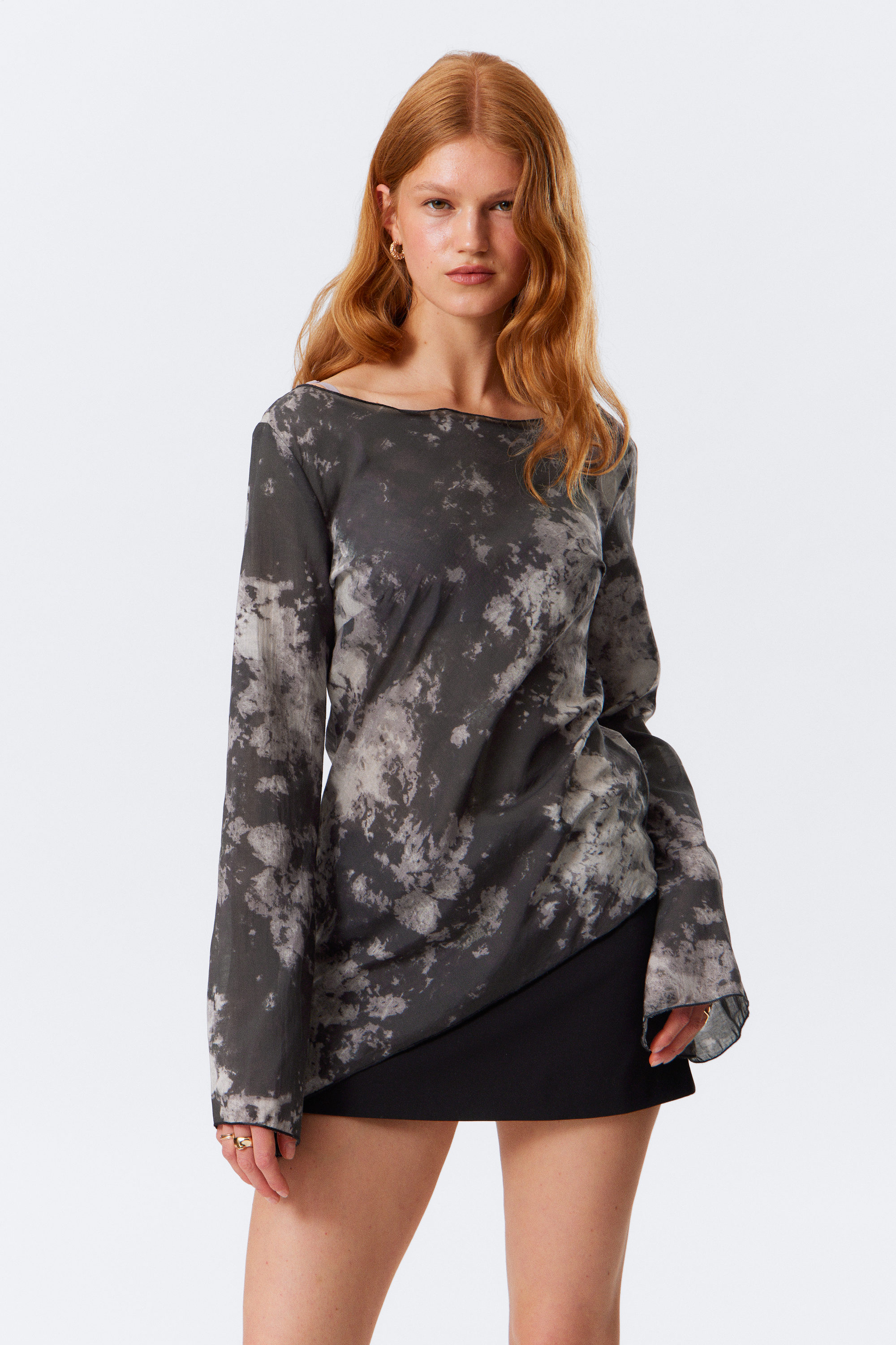 Black - Obsidian Mist - Sheer Asymmetric Long-Sleeved Blouse - 1