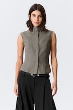 Grey - Sleeveless Structured Twill Top - 0