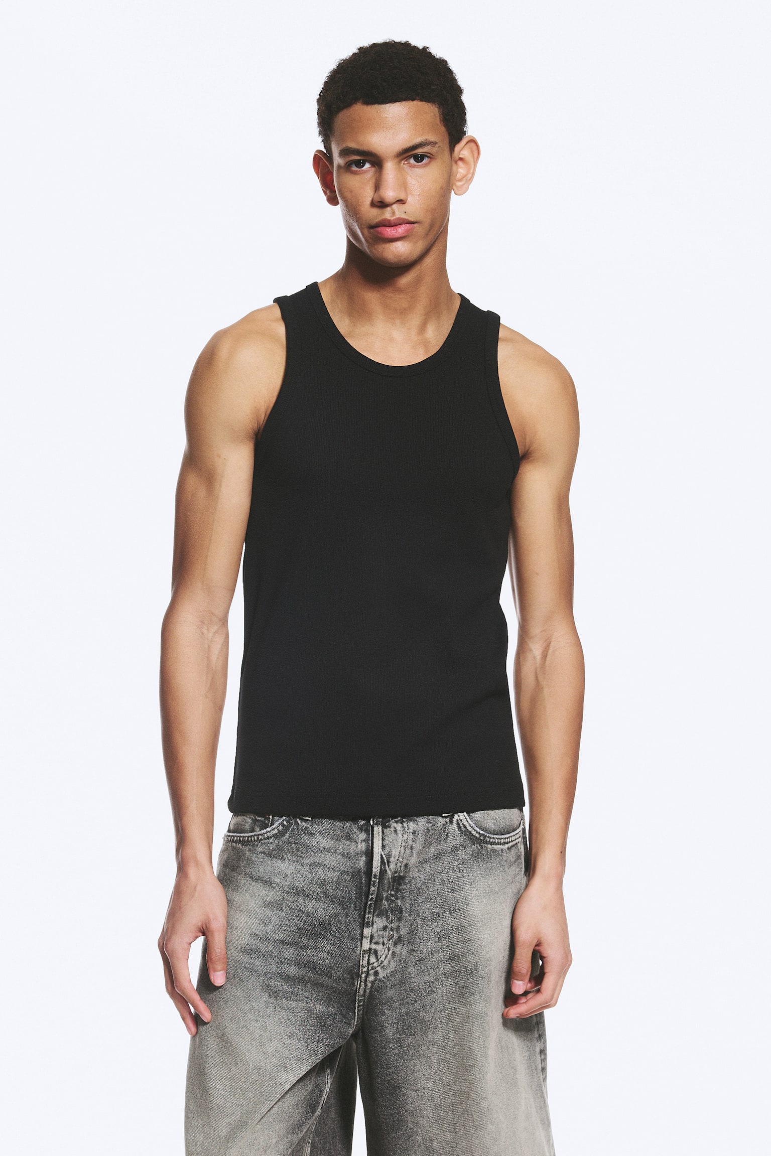 Klasszikus bordázott tank top - Black/White - 1