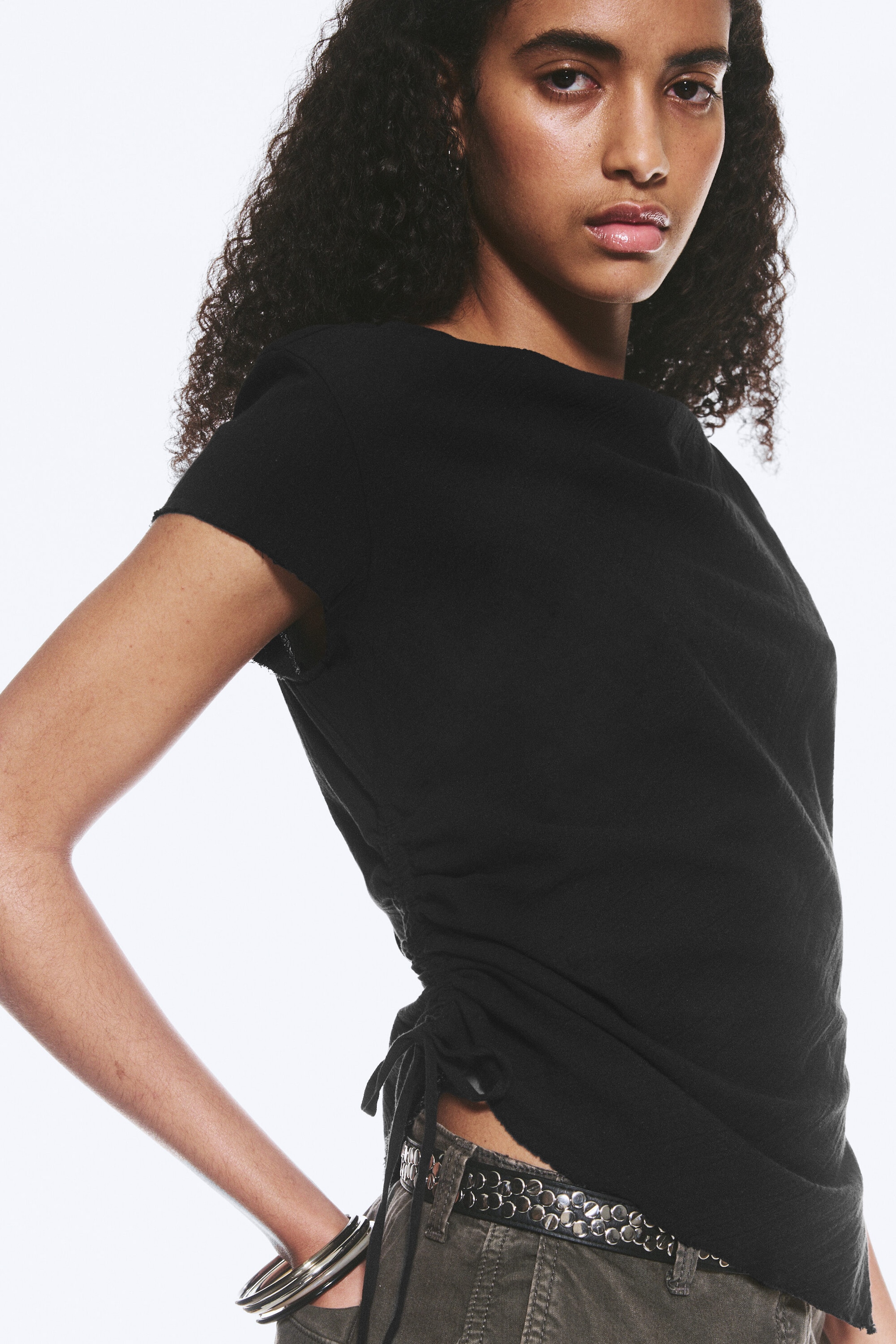 Black - Ruched Short-Sleeved Top - 2
