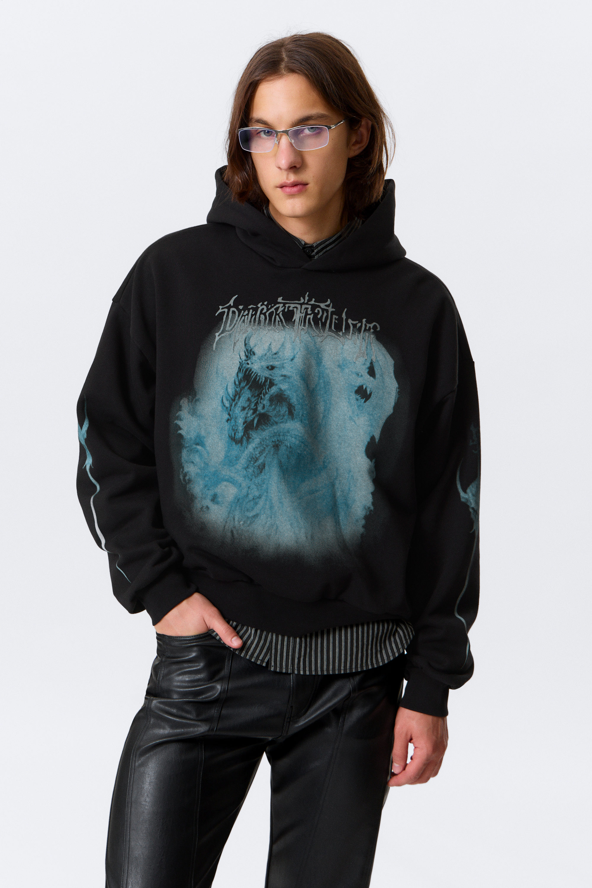 Schwarz - Drache - Quadratischer Graphic-Hoodie mit lockerer Passform - 1
