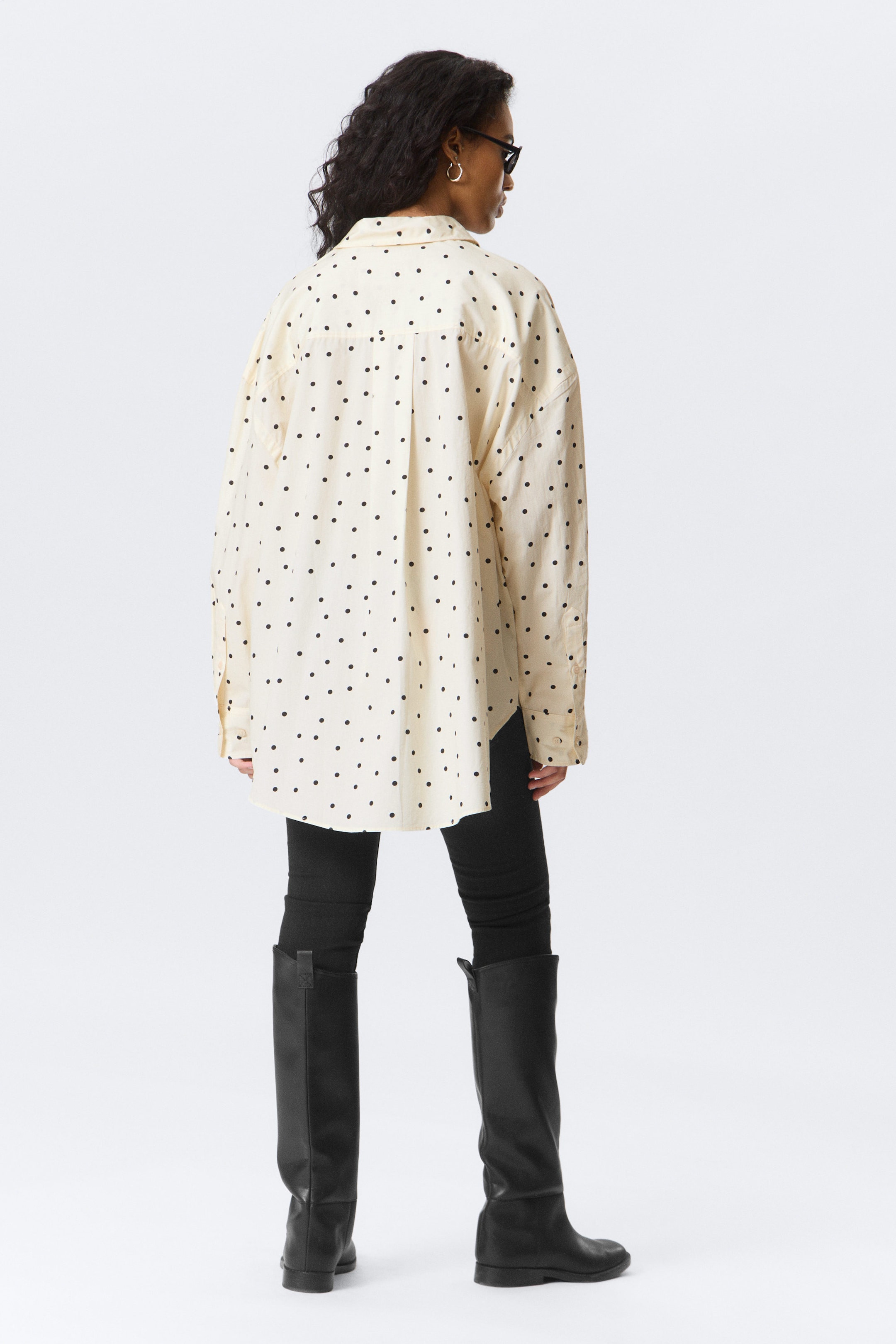 Light Yellow - Dot - Oversized Long-Sleeved Shirt - 2