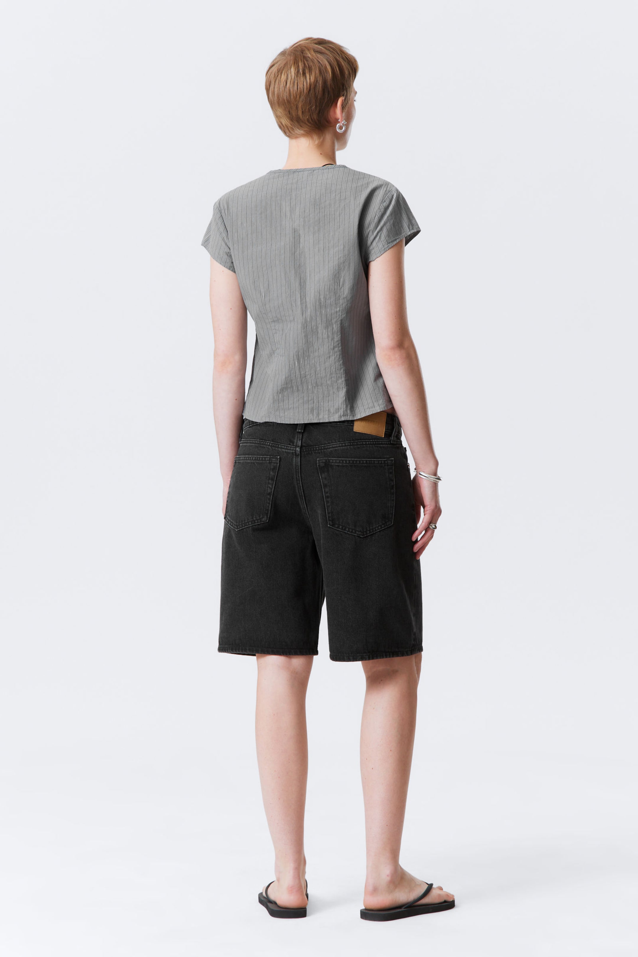 Striped Grey - Tie-Front V-neck Cotton Blouse - 3