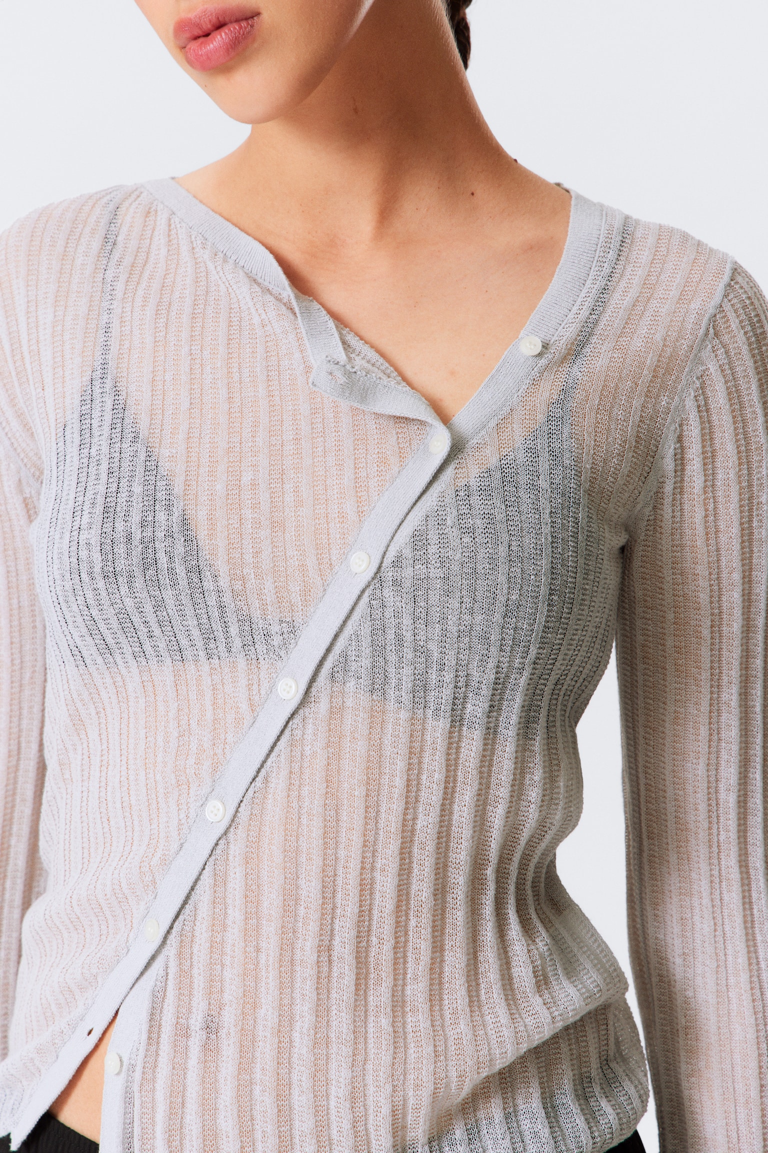 Asymmetric Linen Blend Cardigan - Light Grey/Black - 6