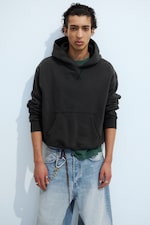 Washed Black - Boxy Cotton Fleece Hoodie - 0