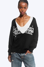 Black - Synchronize - Knitted V-Neck Graphic Sweater - 0