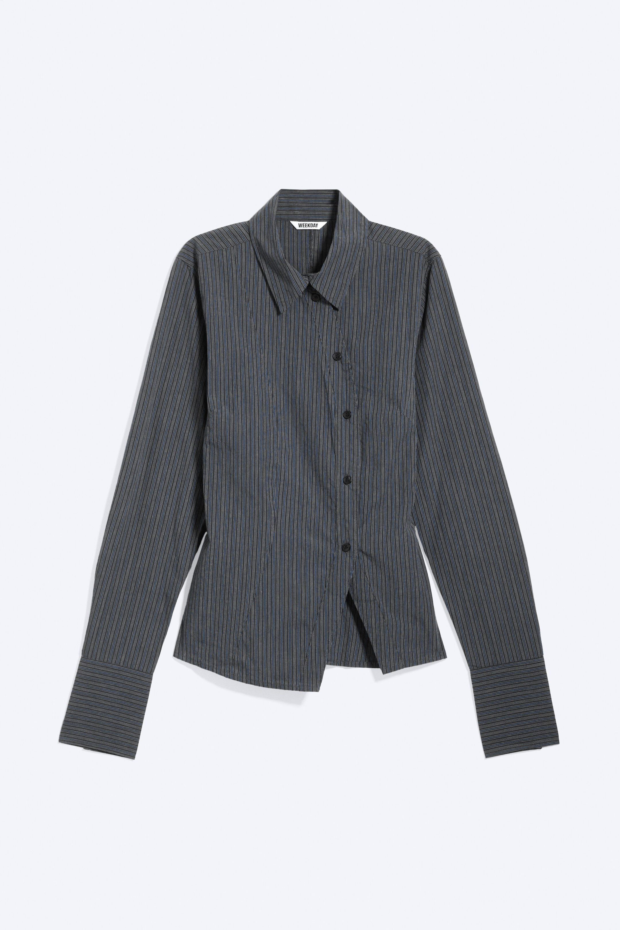 Dark Grey - Blue Stripe - Asymmetric Fitted Poplin Shirt - 3