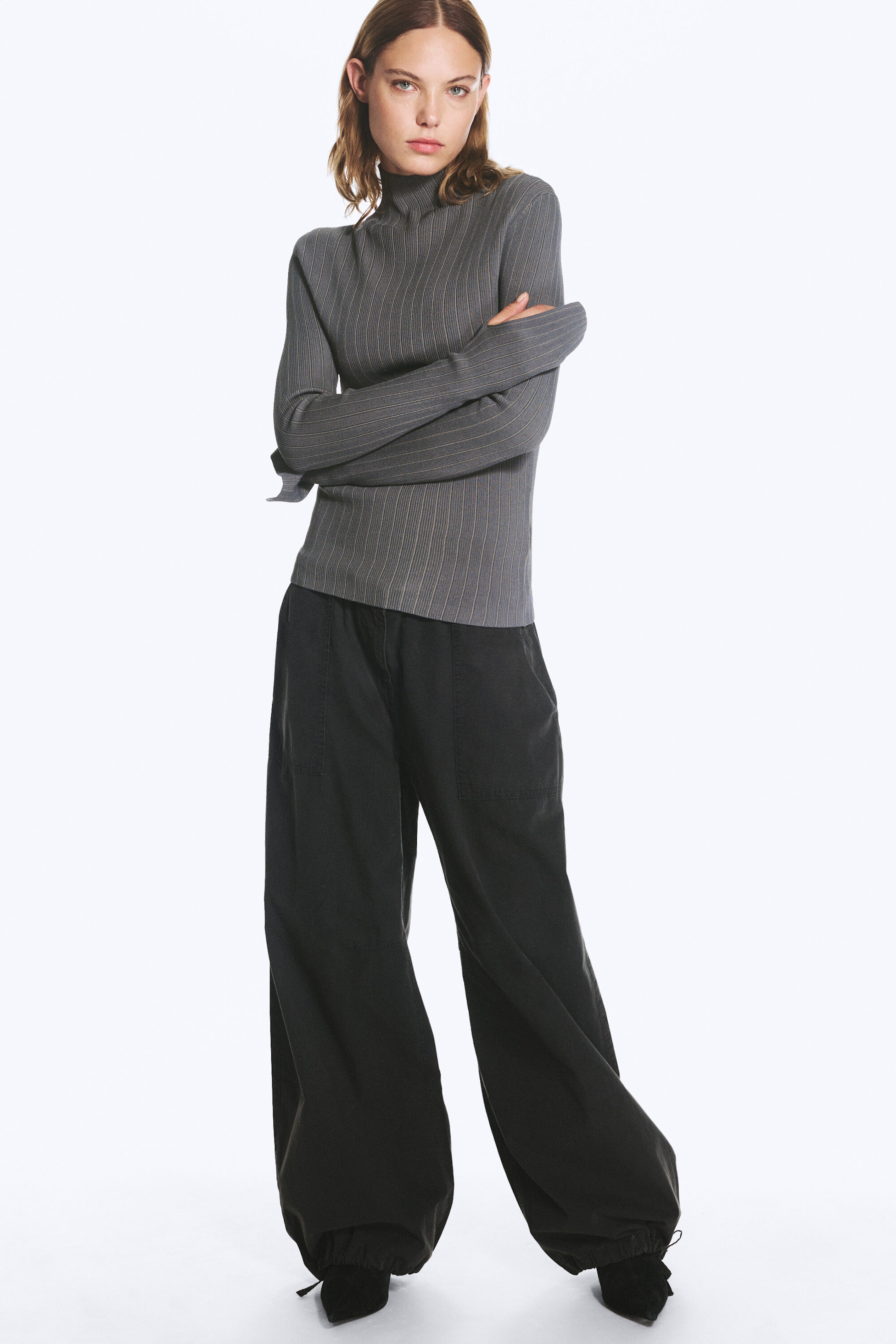 Striped Dark Grey Melange - Ribbed Fitted Turtleneck - 2
