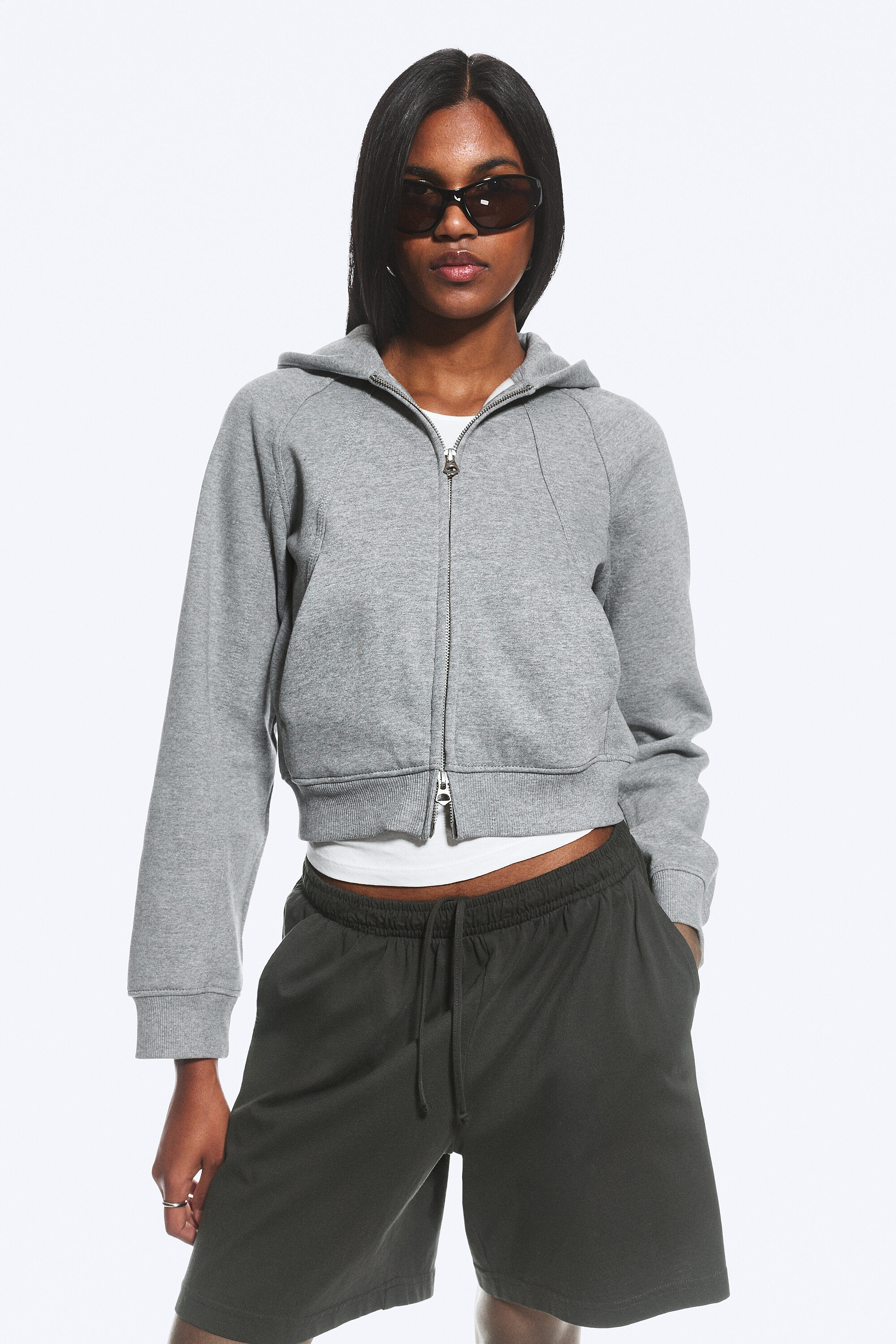 cropped zip hoodie - Washed Light Grey | Monki WW