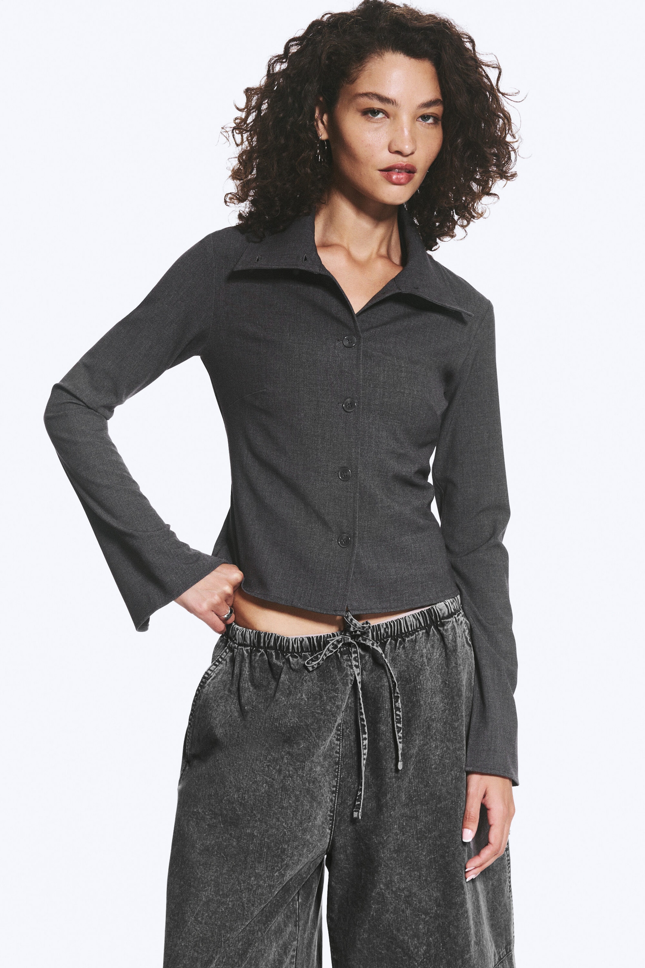 Dark Grey Melange - Long-sleeved buttoned shirt - 1