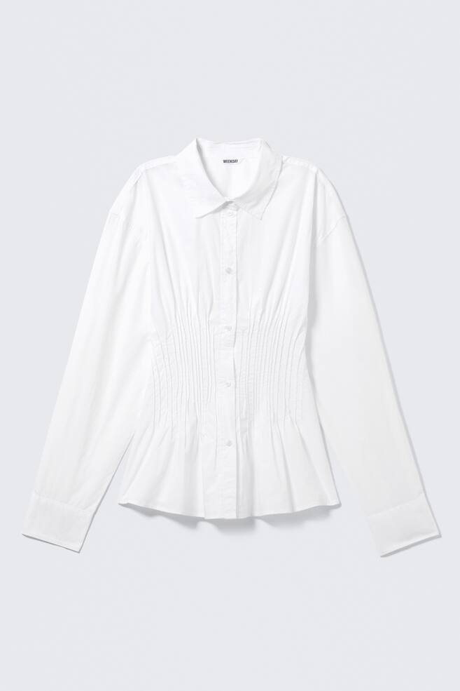 Camisa de popelina de algodón con cintura fruncida - Blanco/A rayas marrones - 1