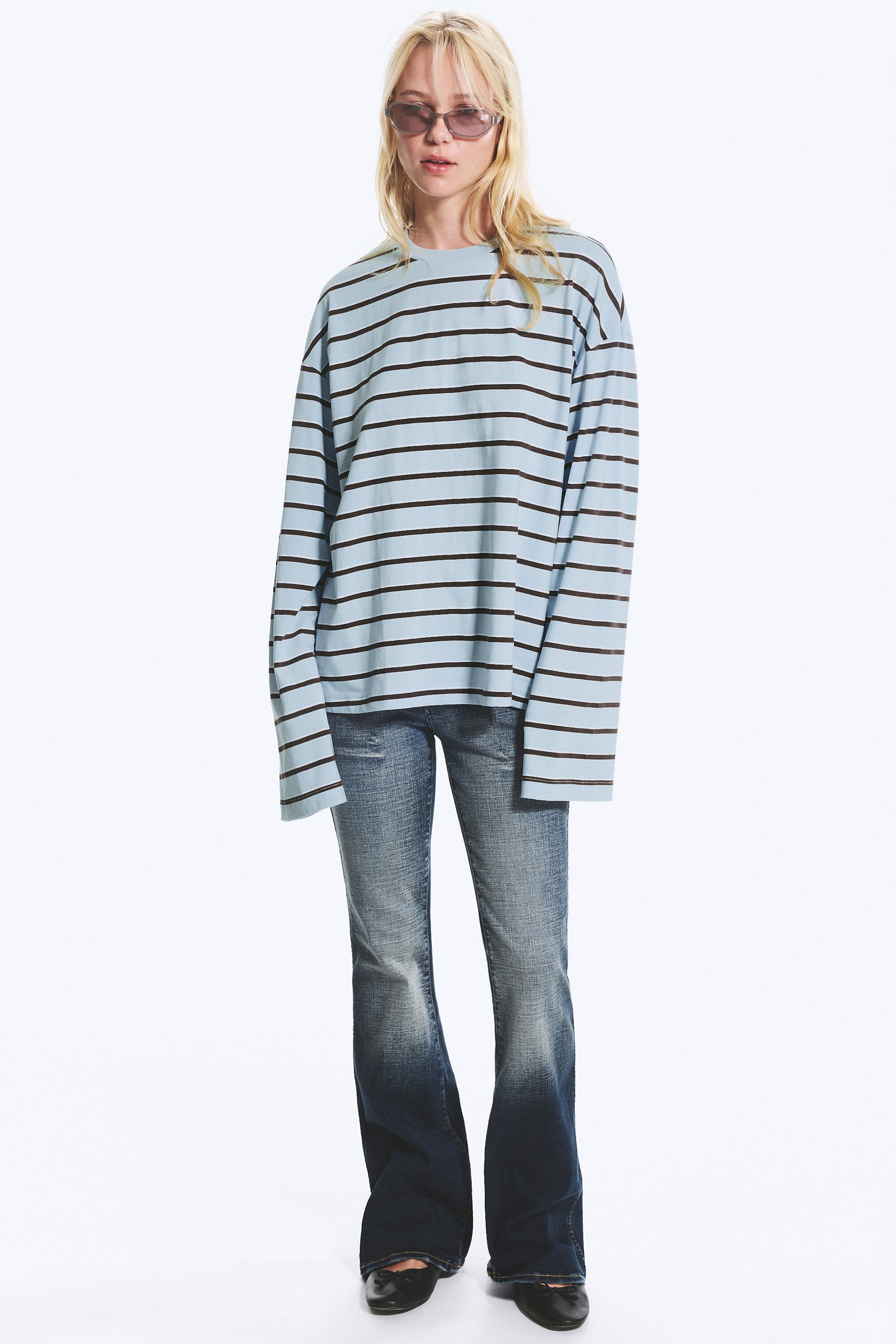 Hellblau/Braun gestreift - Longsleeve-Shirt aus Baumwolle - 1