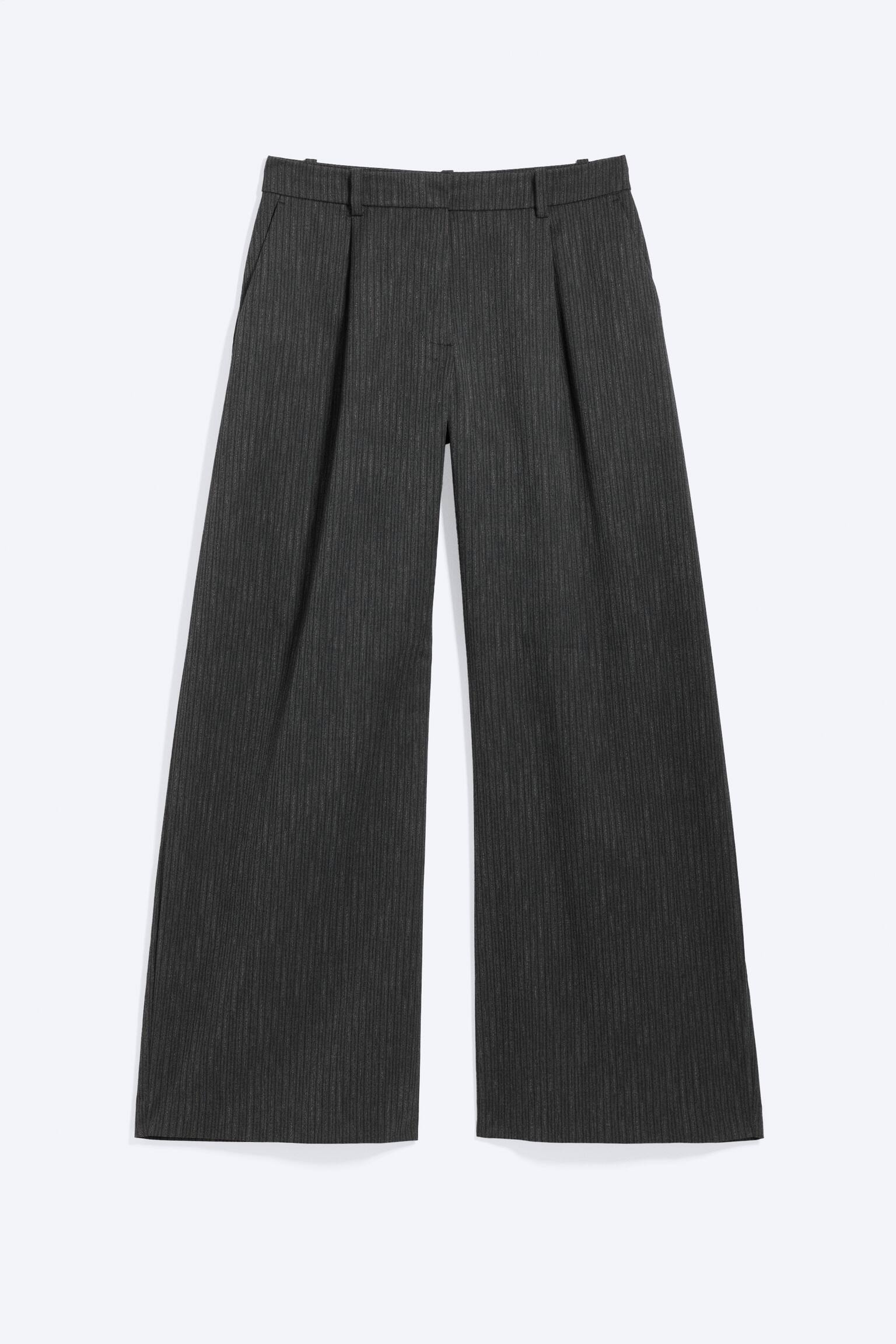 Low Waist Wide Suiting Trousers - Tmavosivá - Tenké Prúžky/Black/Šedý Melanž Rybia Kosť - 1