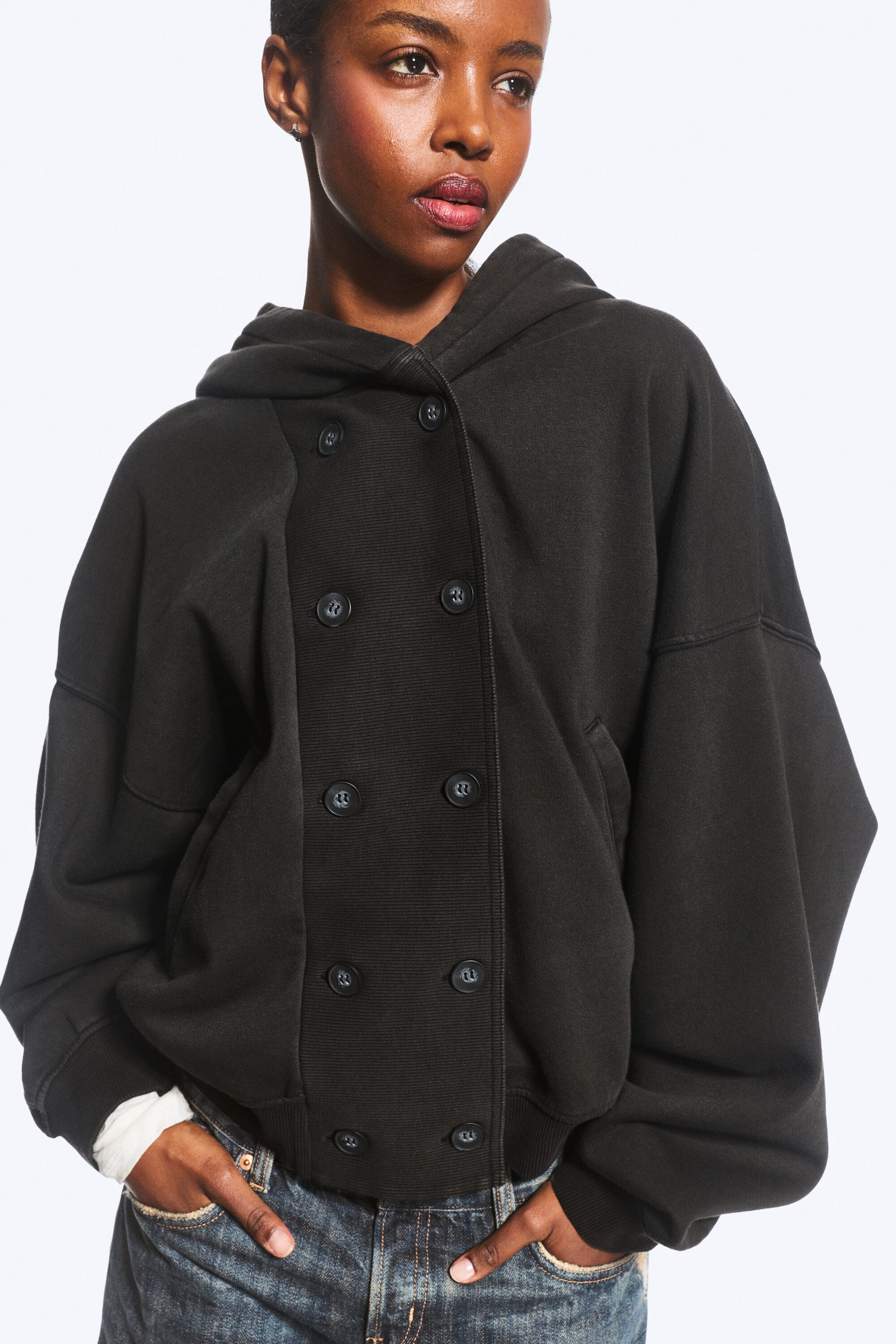 Zwart - Oversized Double-Breasted Hoodie - 2
