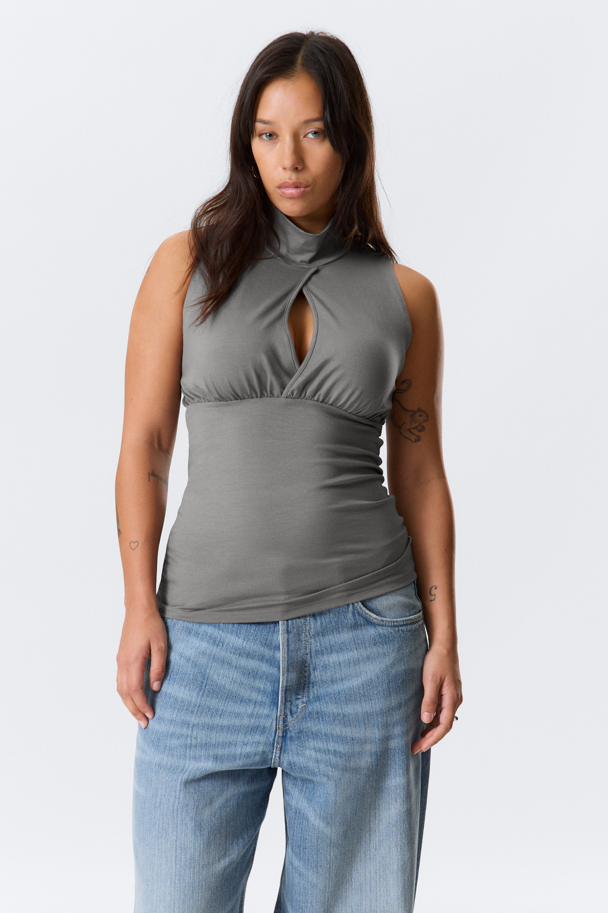 Grey - Sleeveless Turtleneck Top - 1