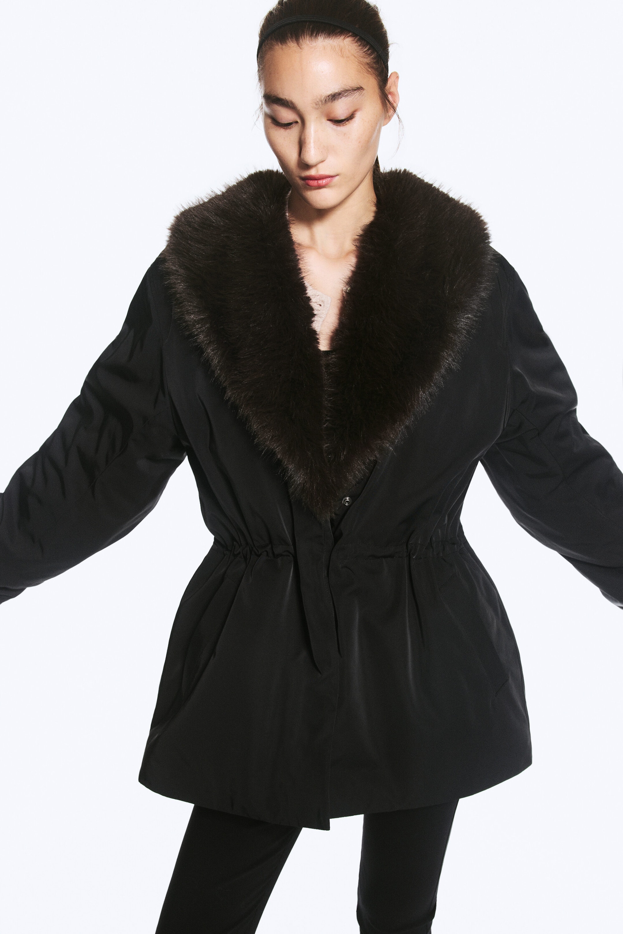 Black - Faux Fur-Collar Padded Jacket - 1