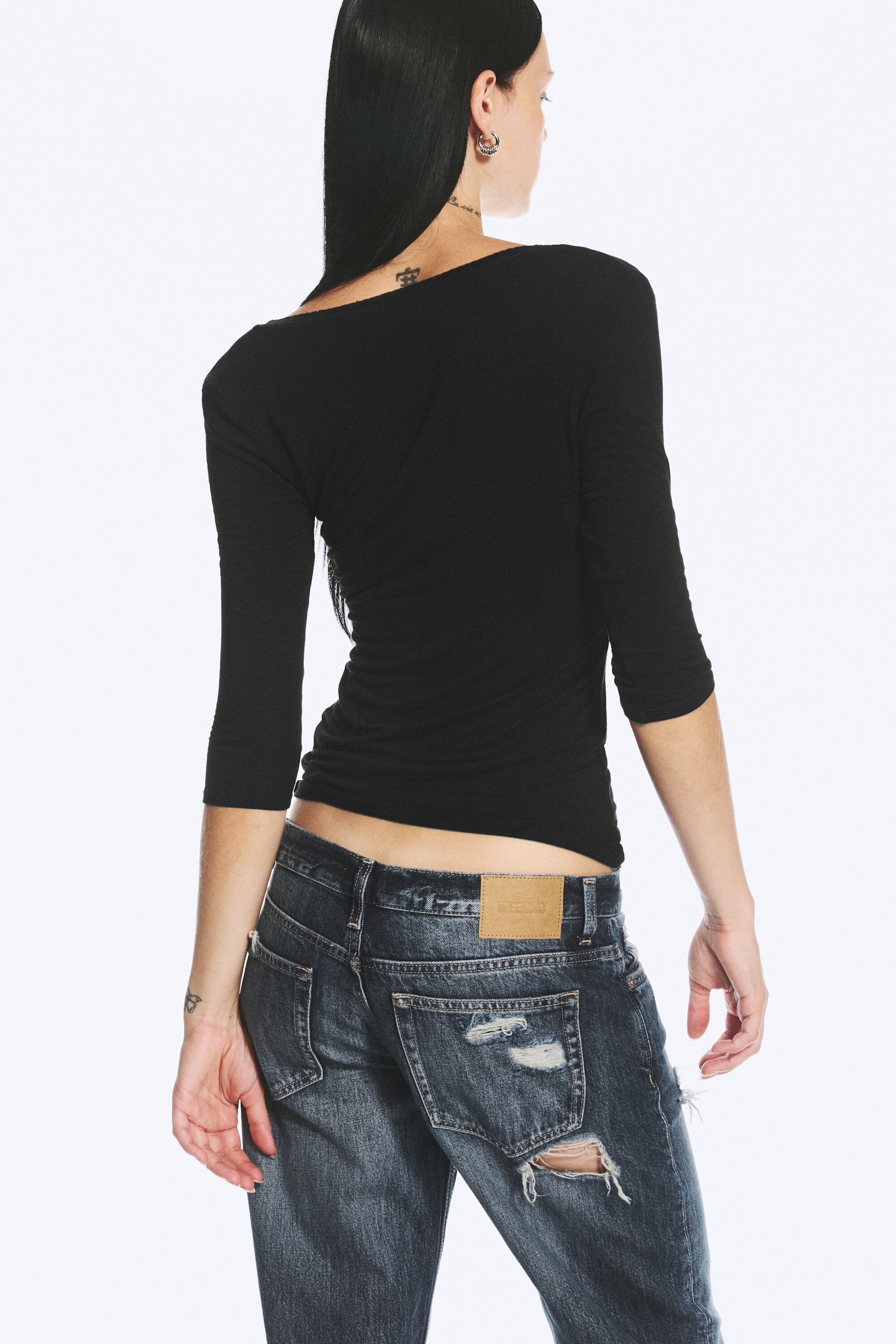 Black - Deep V-neck three-quarter sleeve top - 3