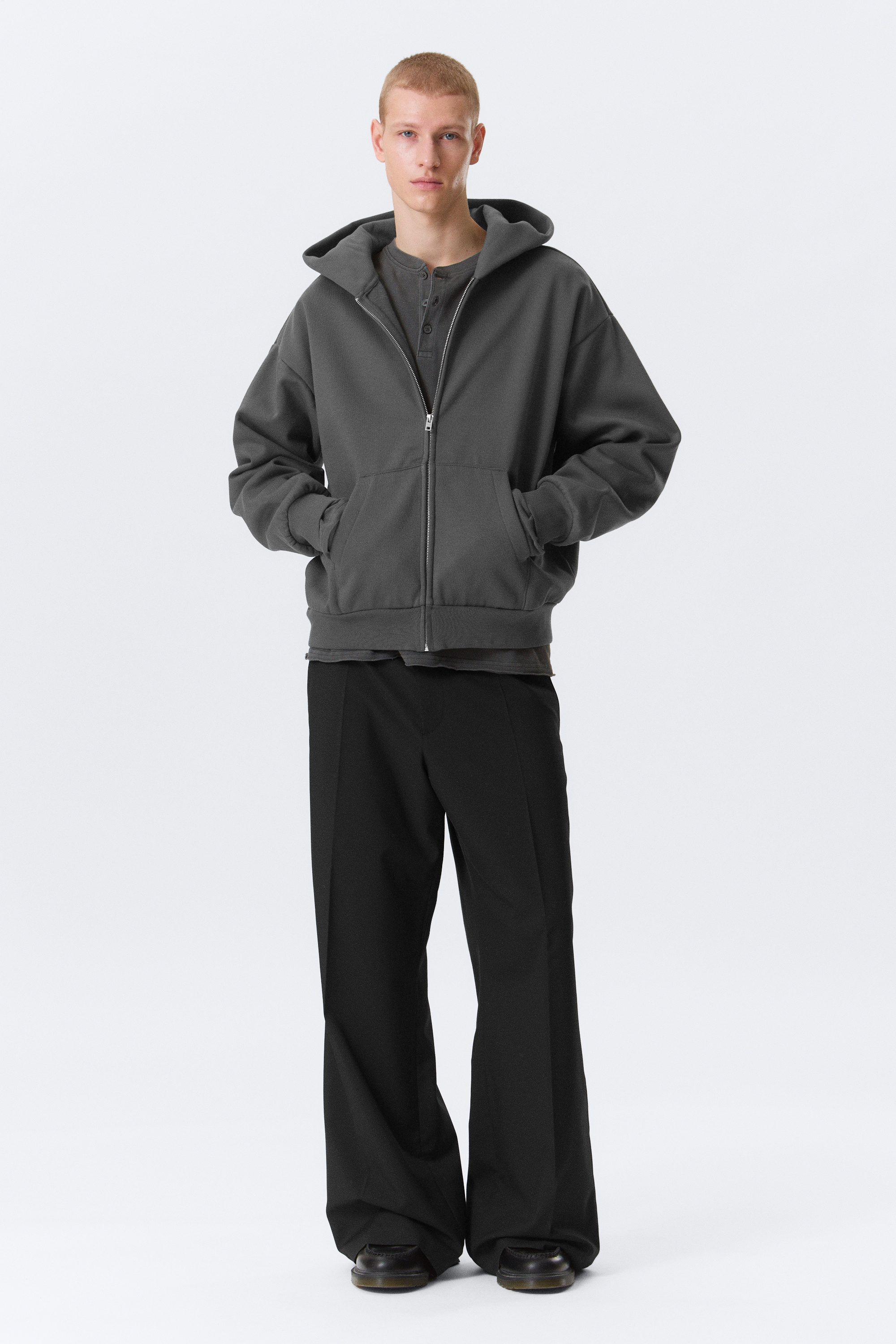 Dark Grey - Loose Fit Zip Hoodie - 2