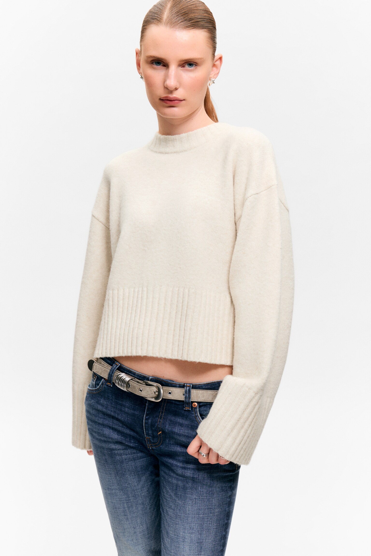 Pull oversize en maille - Blanc cendré/Rose poudré clair/Marron foncé