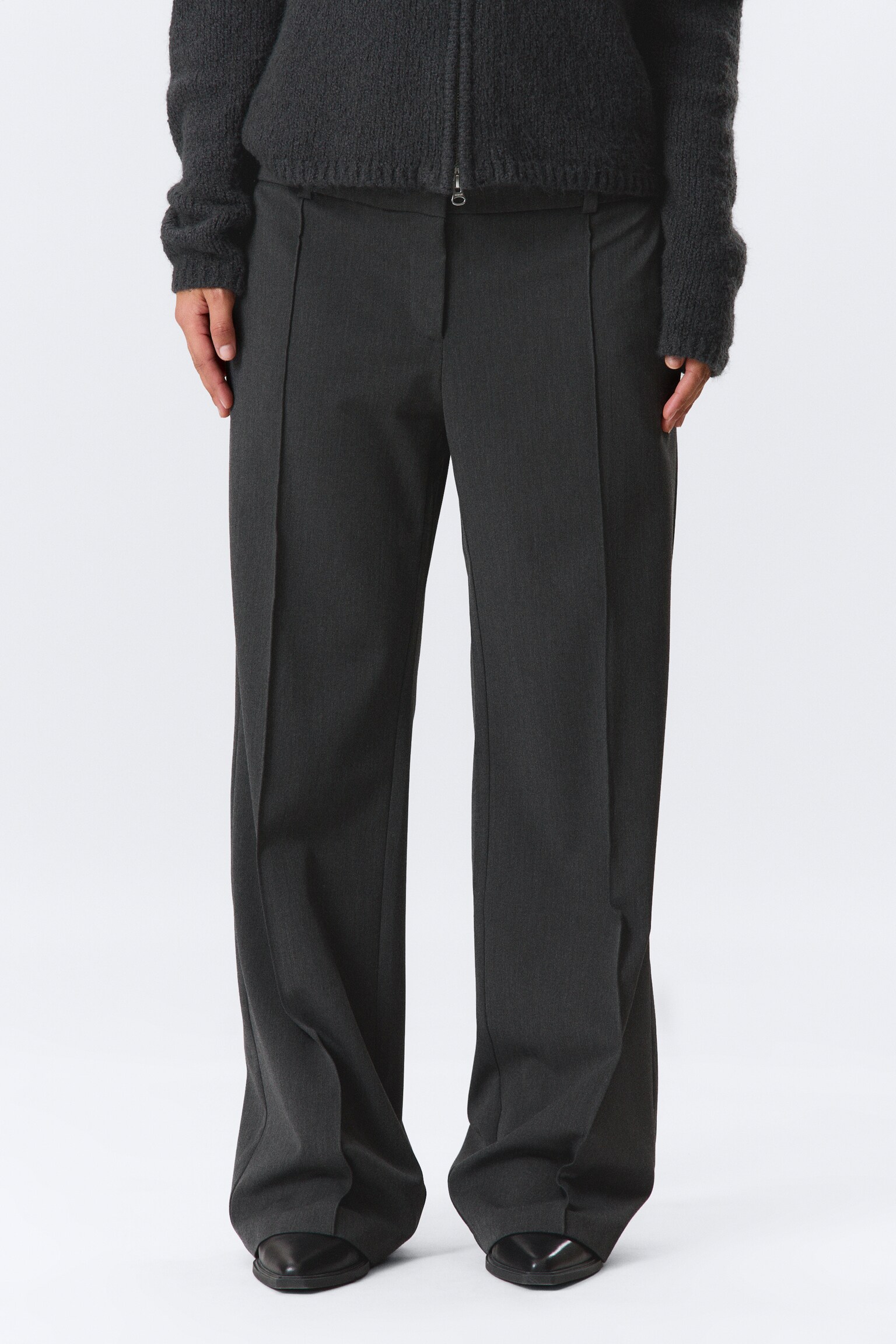 Pantalone sartoriale dritto a vita bassa - Grigio scuro mélange/Nero - 6