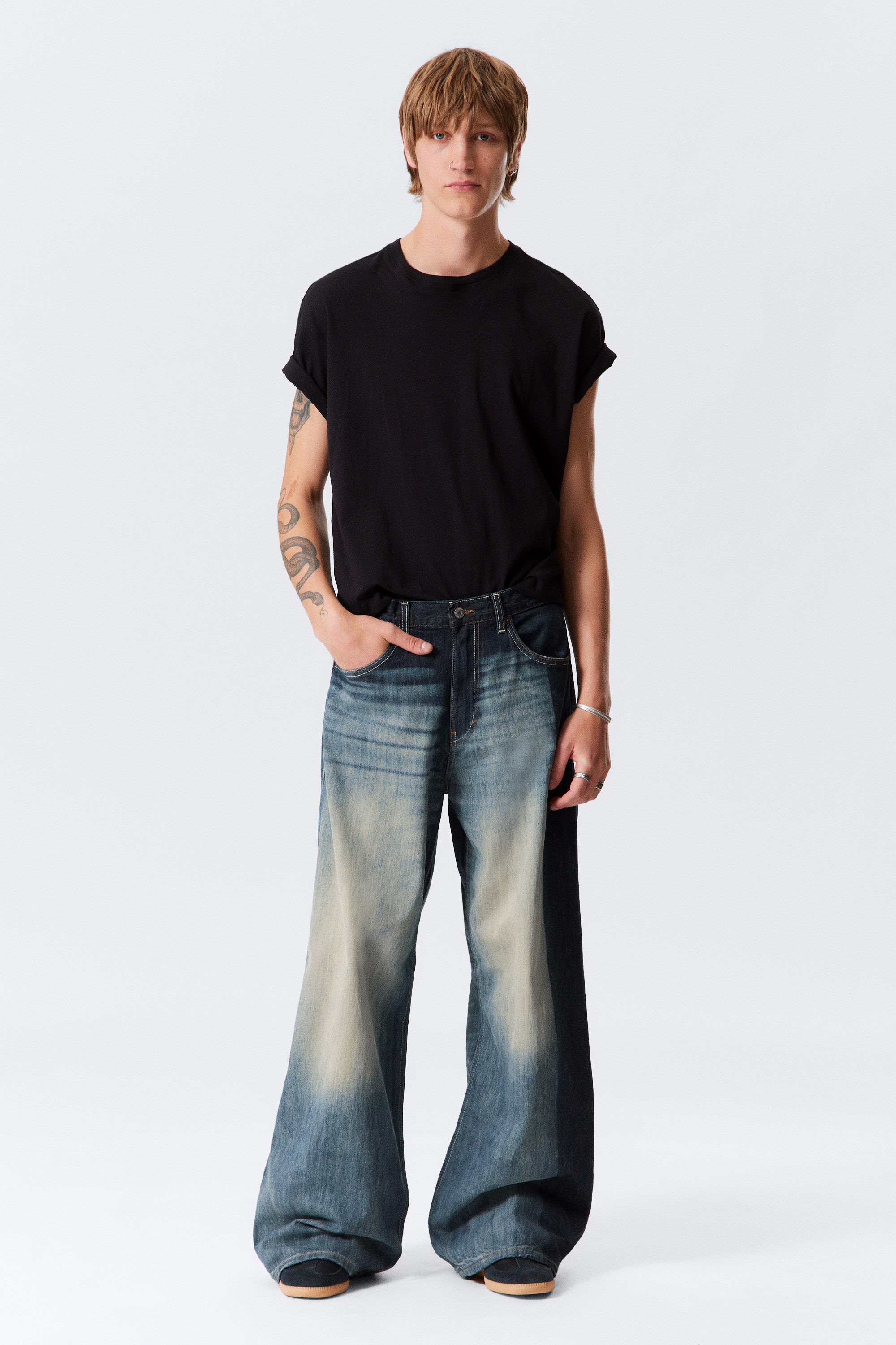 Laser Board Blue - Medium Blue - Solar Loose Wide Leg Unisex Jeans - 2